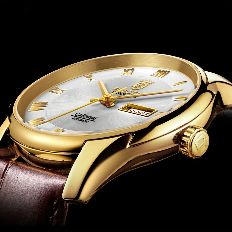ROCOS Brand Luxury Golden Men's Watches High-end Business Simple Fashion Men's Watches Automatic Mechanical Watches Sun Pattern Brushed Dial Calfskin Strap Waterproof Men's Watches Week Calendar Display Gifts for Men
