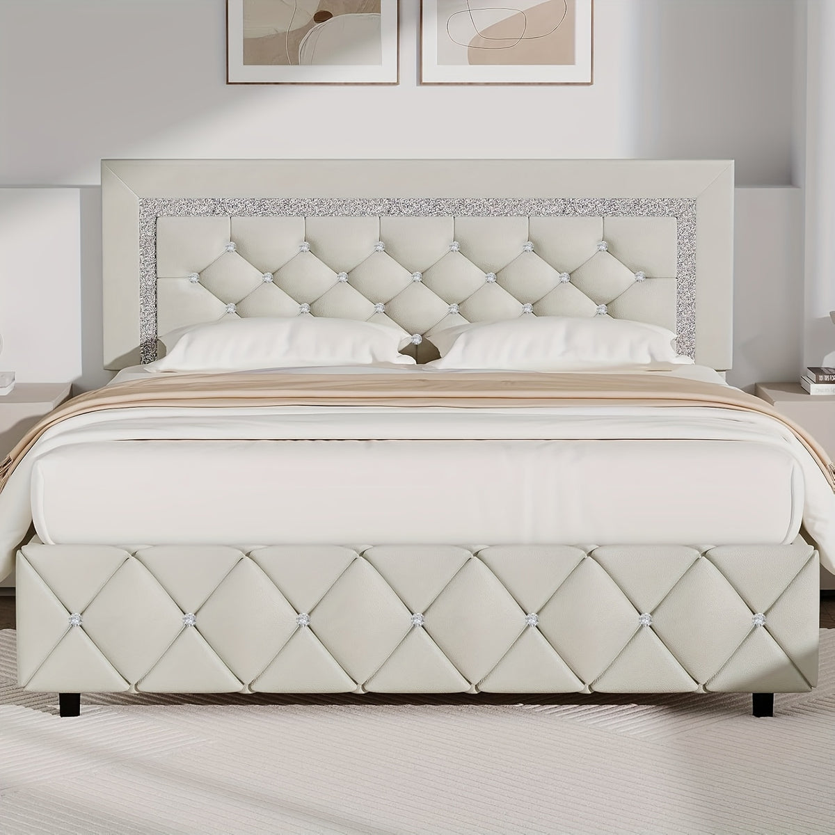 HOMBCK Twin Full Queen King Bed Frame, Padded Platform Bed with Button Tufting Headboard, Princess Platform Bed with Diamond Design, Halloween Decoration, Wooden Strip Support, No Spring Box Needed, Easy to Assemble, Pink/White/Black/Beige