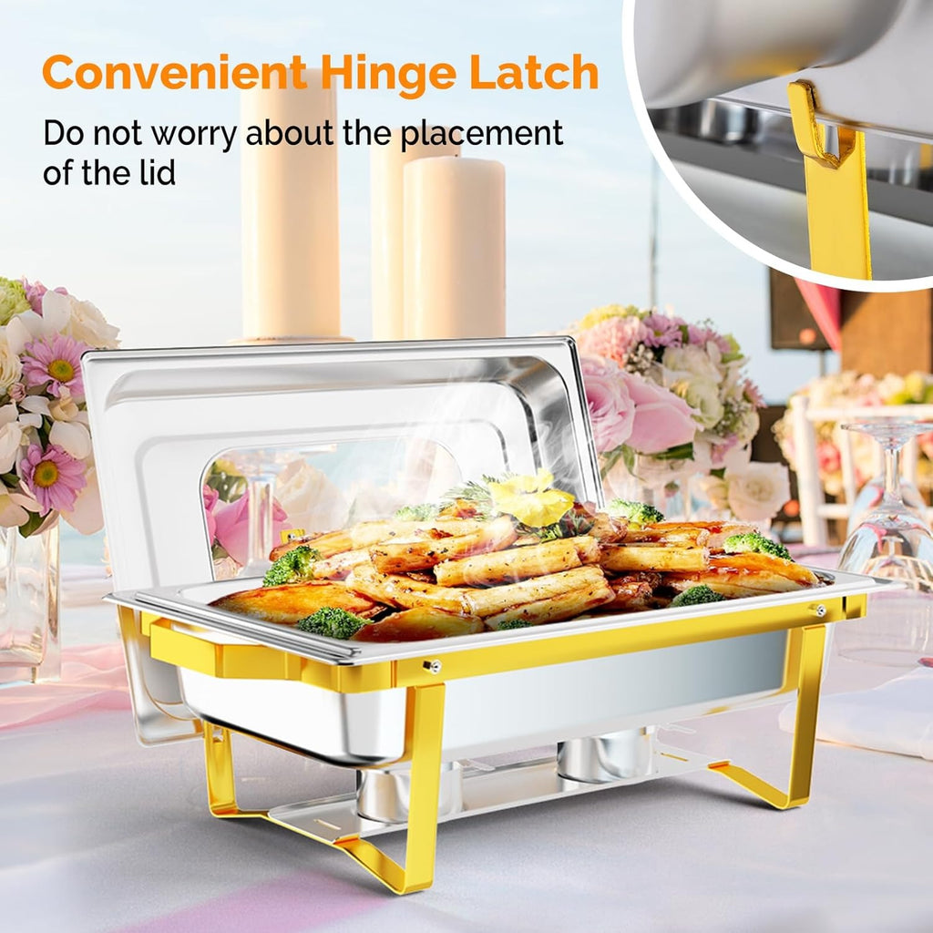 MEFEIR Chafing Dishes for Buffet 4 Pack, 9QT Chafing Dish with Multiple Food Pans Combo,Stainless Steel Buffet Servers and Warmers with Glass Lid & Folding Frame for Parties Weddings, Gold & Silver only for cooking