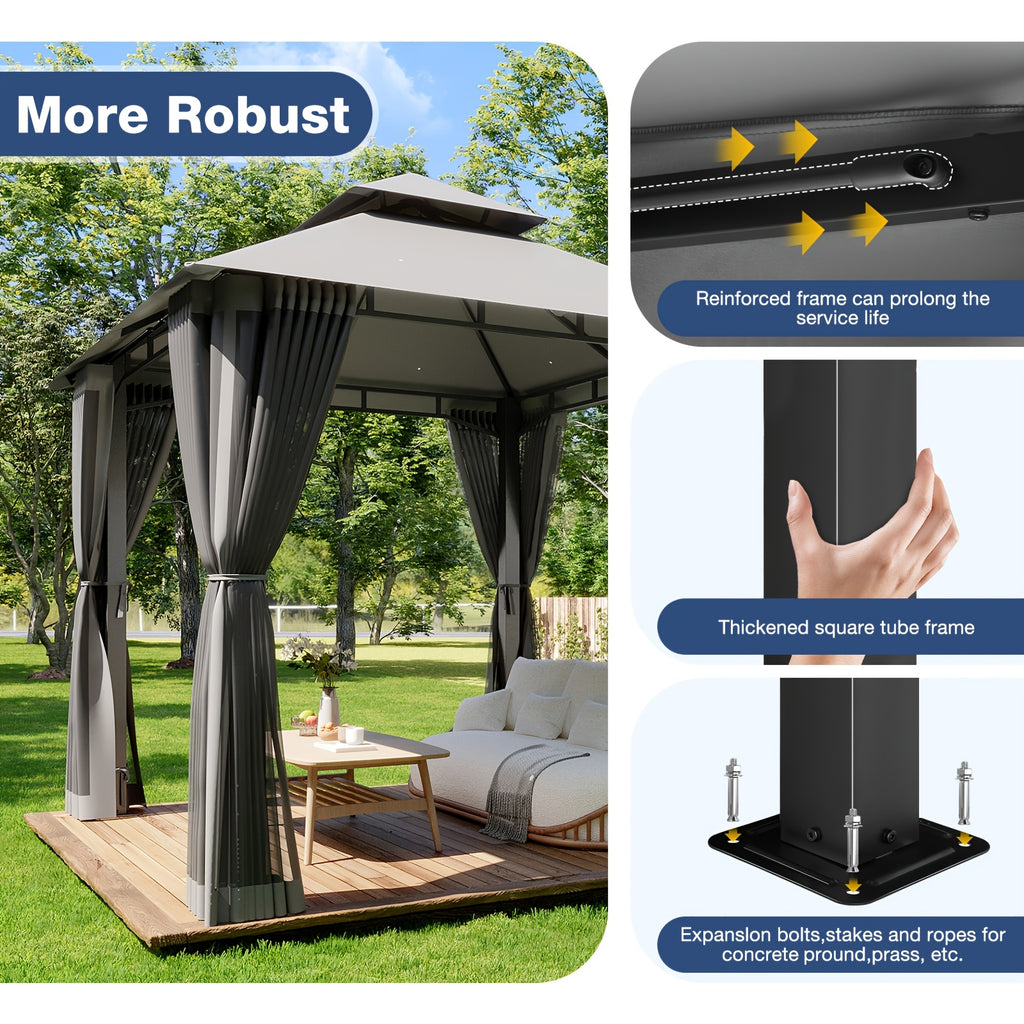 8'x8'Heavy-Duty Aluminium Alloy Outdoor Gazebo With Double Roof Canopy - All-Weather Pergola Mosquito Netting, Suitable For Terraces, Backyards, Or Gardens (grey)