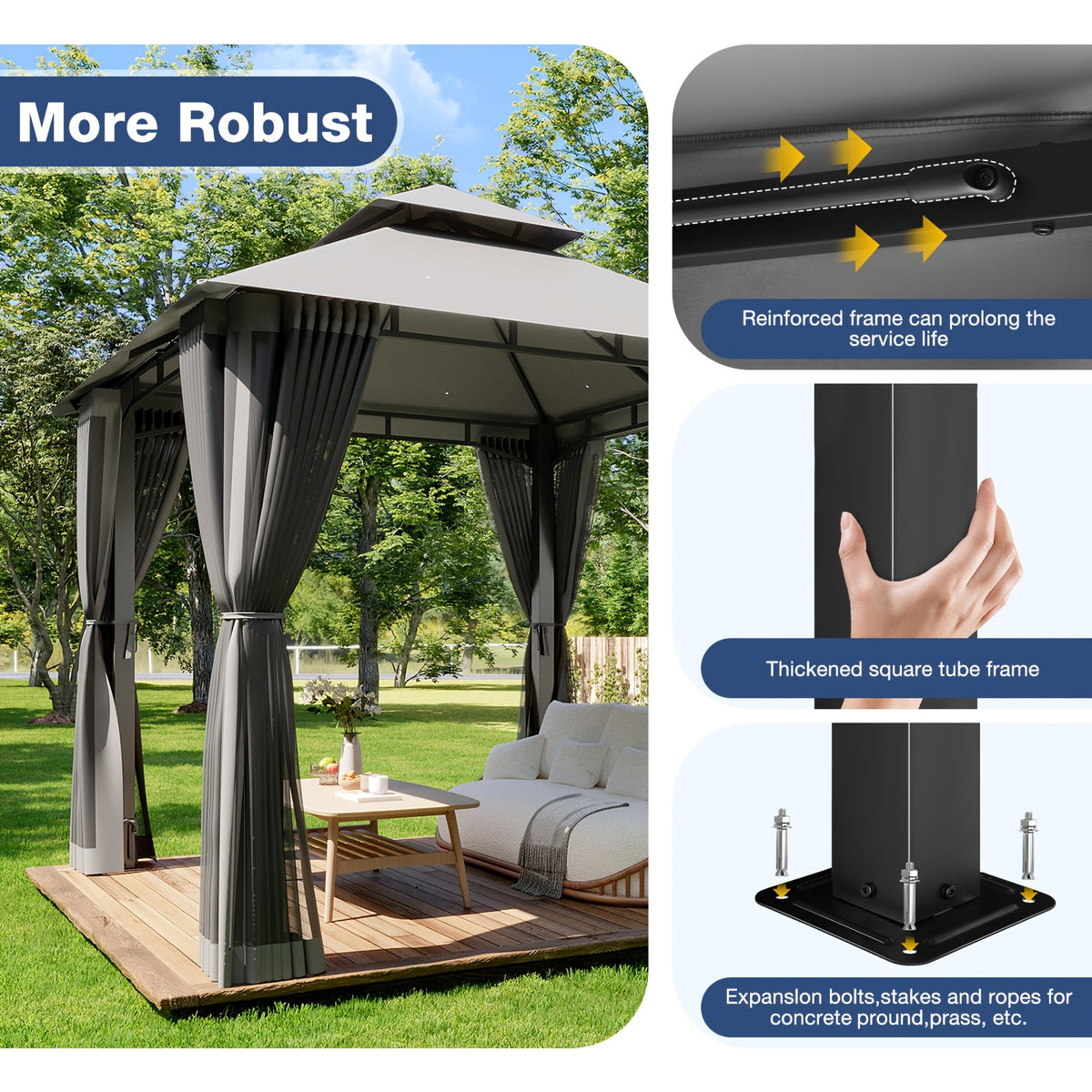 8'x8'Heavy-Duty Aluminium Alloy Outdoor Gazebo With Double Roof Canopy - All-Weather Pergola Mosquito Netting, Suitable For Terraces, Backyards, Or Gardens (grey)