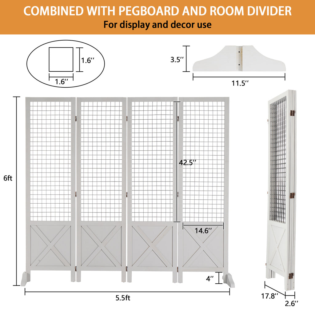 VINGLI Room Divider Freestanding Grid Wall, 4 Panel Folding Display Board Organizer with Base Feet, Decorative Wooden Frame Wire Grid Screens for Craft Shows Events Retail