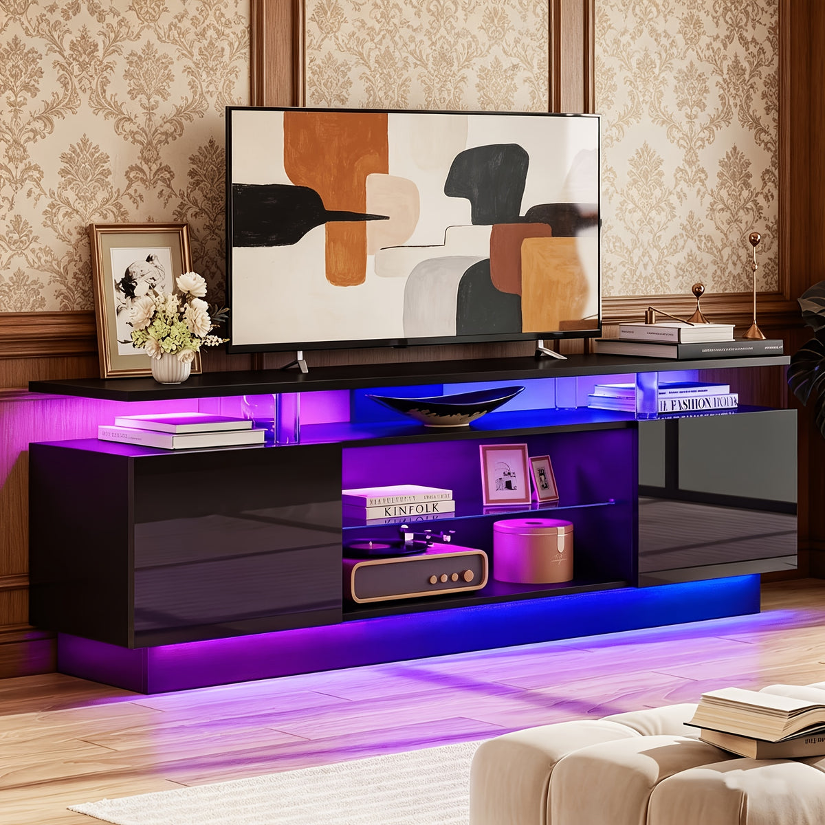 72"/82" High-Glossy TV Stand With 2 Side Cabinets, Modern Stylish TV Console With 3 Layer LED Lights, Gaming TV Media Console With Adjustable Glass Shelf, Black