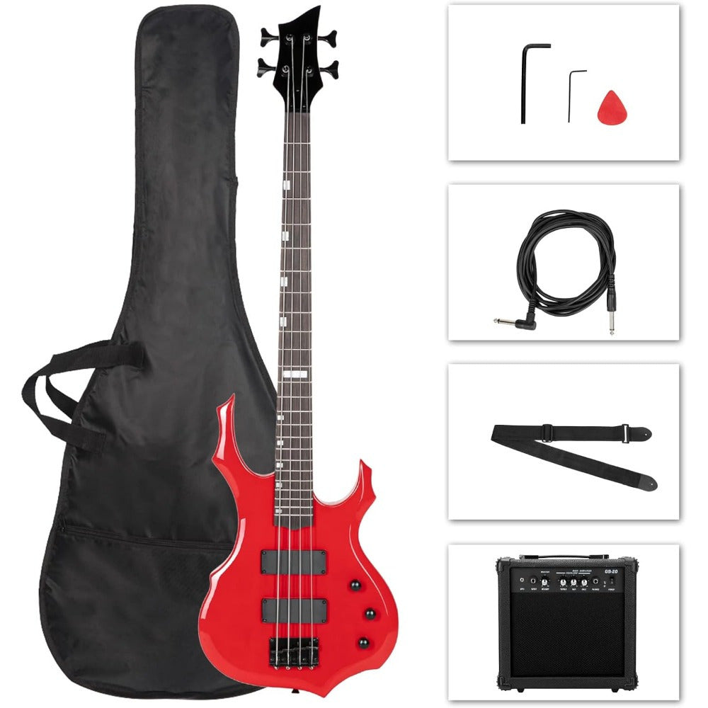 [Bass Guitar Set] Electric Bass Guitar Full Size Flame Design Bass Set with 20 Watt Amplifier, Portable Bass Bag, Superior Amp Wire, Adjustable Guitar Strap, Plectrum, Wrench Tool