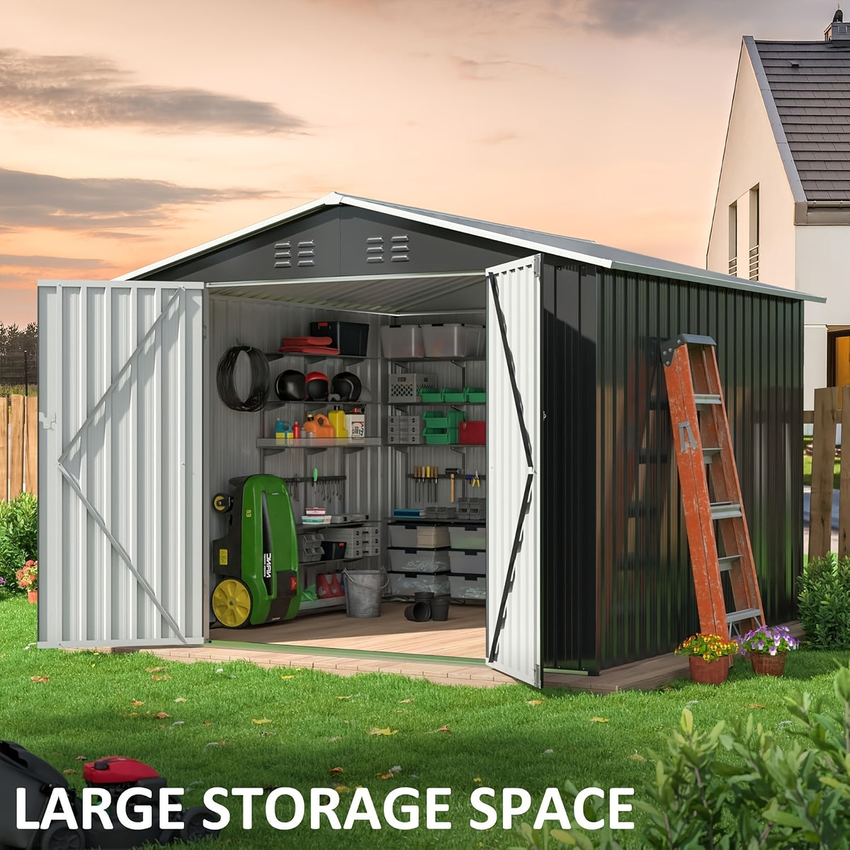8x8 FT Storage Shed, Large Metal Tool Sheds With Lockable Doors, Outdoor Storage Shed For Backyard Garden Patio Lawn, Grey