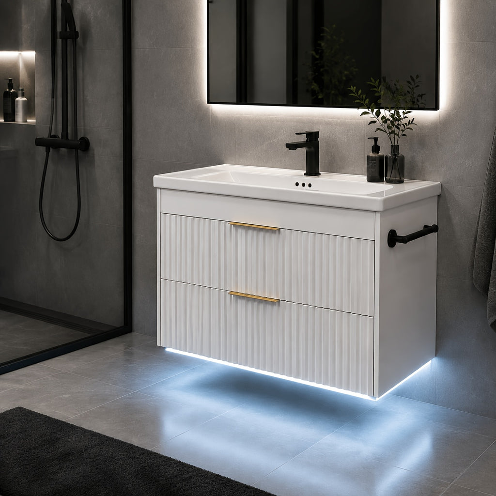 24" Wall Mount Floating Bathroom Vanity with LED Lighting, 3-Hole Ceramic Sink Included, Wave Fluted Textured Cabinet Door, 2 Soft Close Drawers, Modern Suspended Bathroom Vanity Cabinet for Small Bathrooms, Black & White Optional