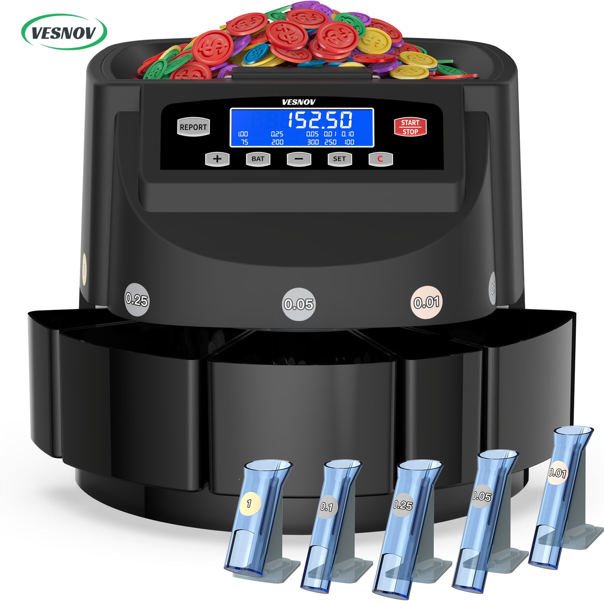 Coin Counter Machine Sorter, Change and Wrapper Roller Counting Organizer, Sorts up to 300 Coins Per Minute, Automatically Sorts and Batches, Office Supplies