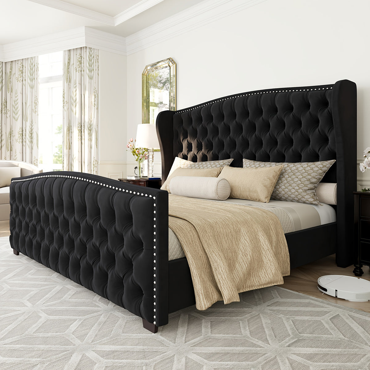 Handcrafted Velvet Bed Frame Featuring a Wingback Headboard, Adorned with Button Tufting And Nailhead Accents, Supported by Wooden Slats.