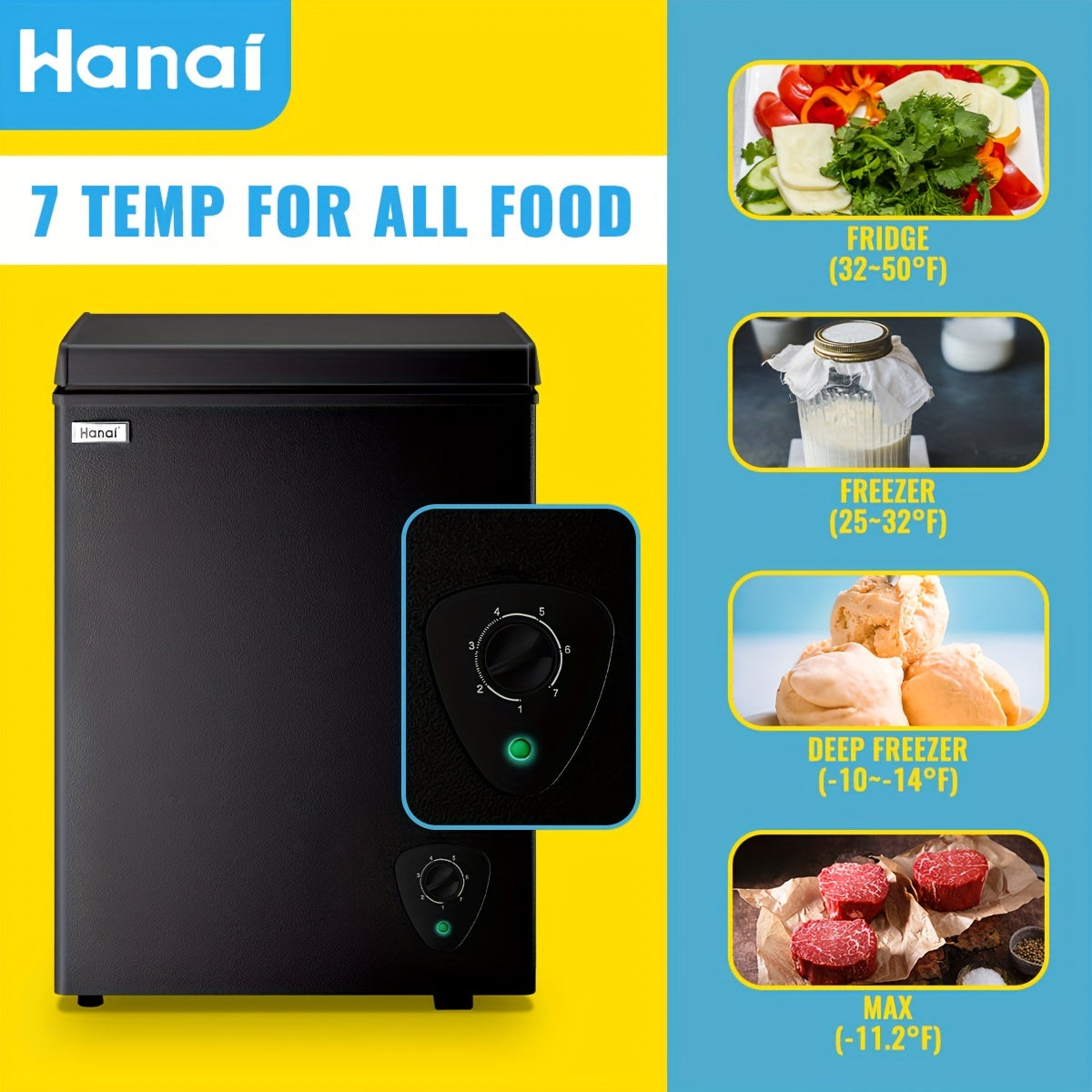WANAI Chest Freezer 3.5 CU.FT Deep Freezer Compact Mini Freezer 7 Temperature Control Low Noise with Removable Basket for Dorm Apartment Home Kitchen