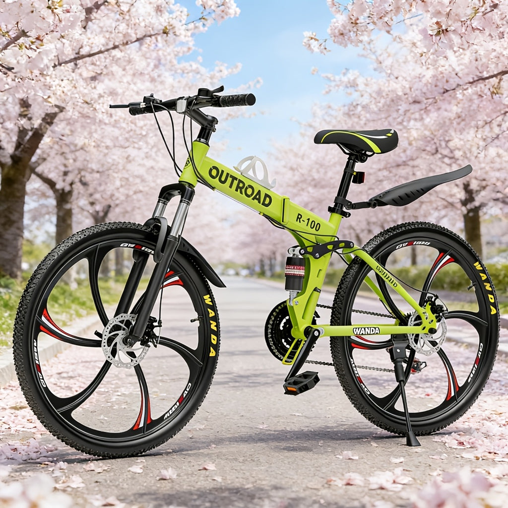 26 Inch Folding Mountain Bike, 21 Speed Full Suspension High-Carbon Steel MTB Foldable Bicycle, Dual Disc Brake Non-Slip Folding Bikes for Adults