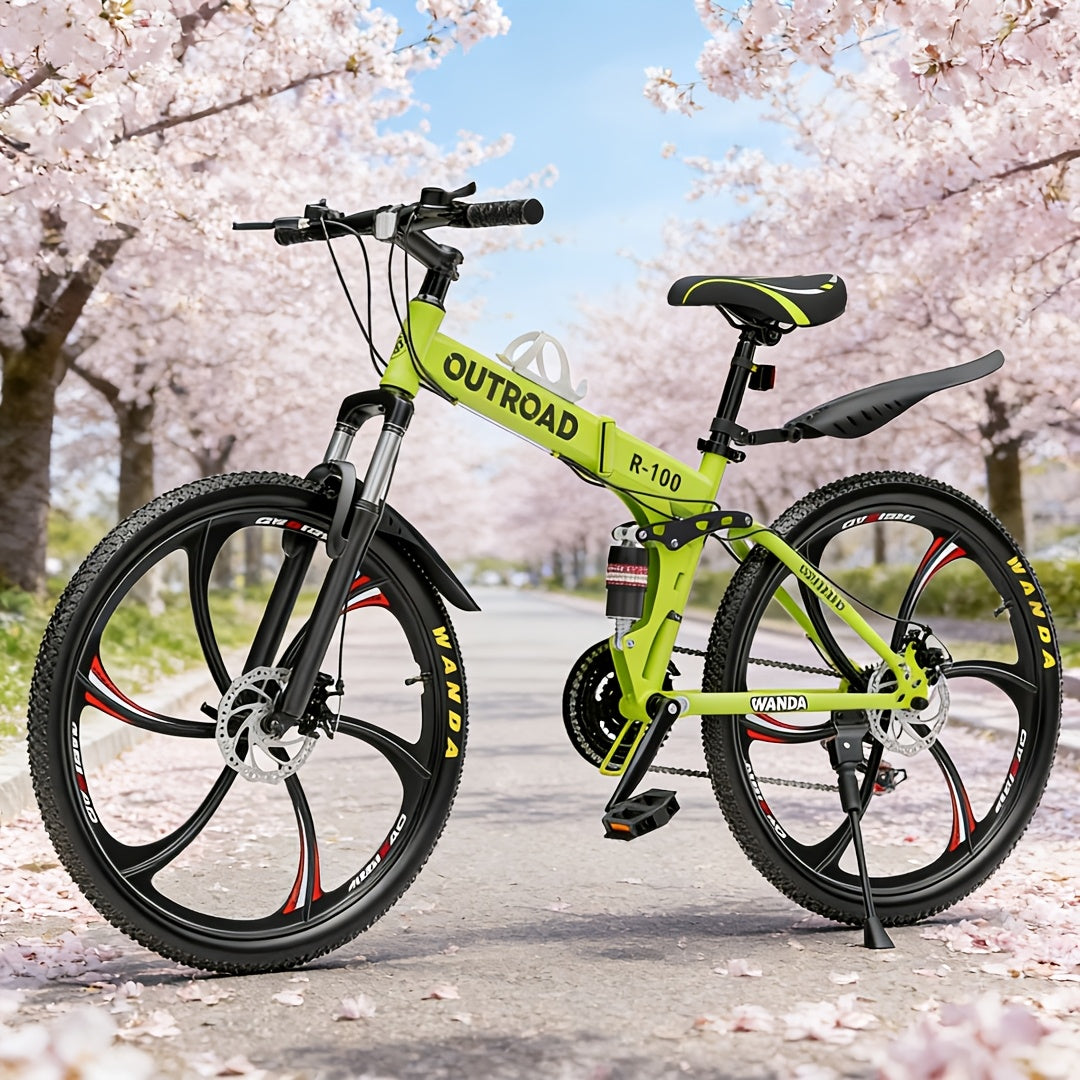 26 Inch Folding Mountain Bike, 21 Speed Full Suspension High-Carbon Steel MTB Foldable Bicycle, Dual Disc Brake Non-Slip Folding Bikes for Adults