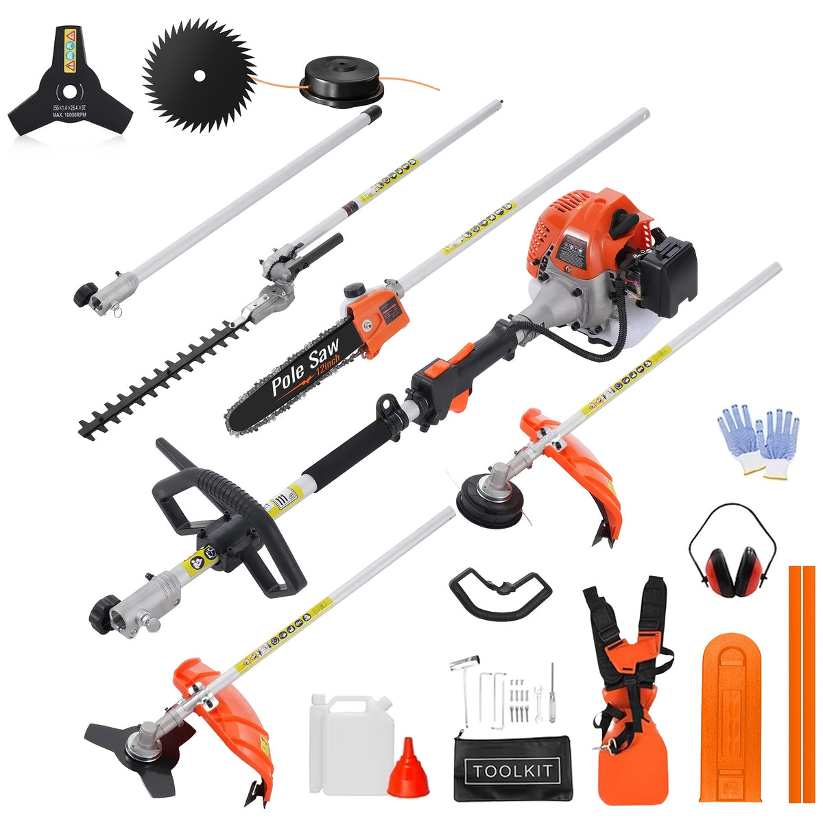62CC 2-Stroke Gas Powered Weeder, 2HP, 8500RPM, 6-in-1/ 2-in-1 Multi-Tool: Gas Hedge Trimmer, Lawn Mower, Chainsaw & Extension Pole Pruner, for Garden, Farm & Courtyard Landscaping Maintenance