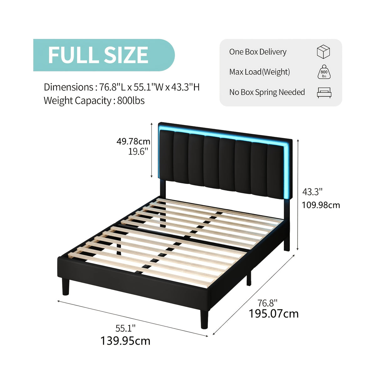 Twin Full Queen Size Bed Frame with LED Lights, Upholstered Queen Size Bed Frame with Headboard And Footboard, Heavy Duty Wood And Metal Slats Support, Noise-Free, No Box Spring Needed, Queen Bed Easy Assembly, Black, White, Pink