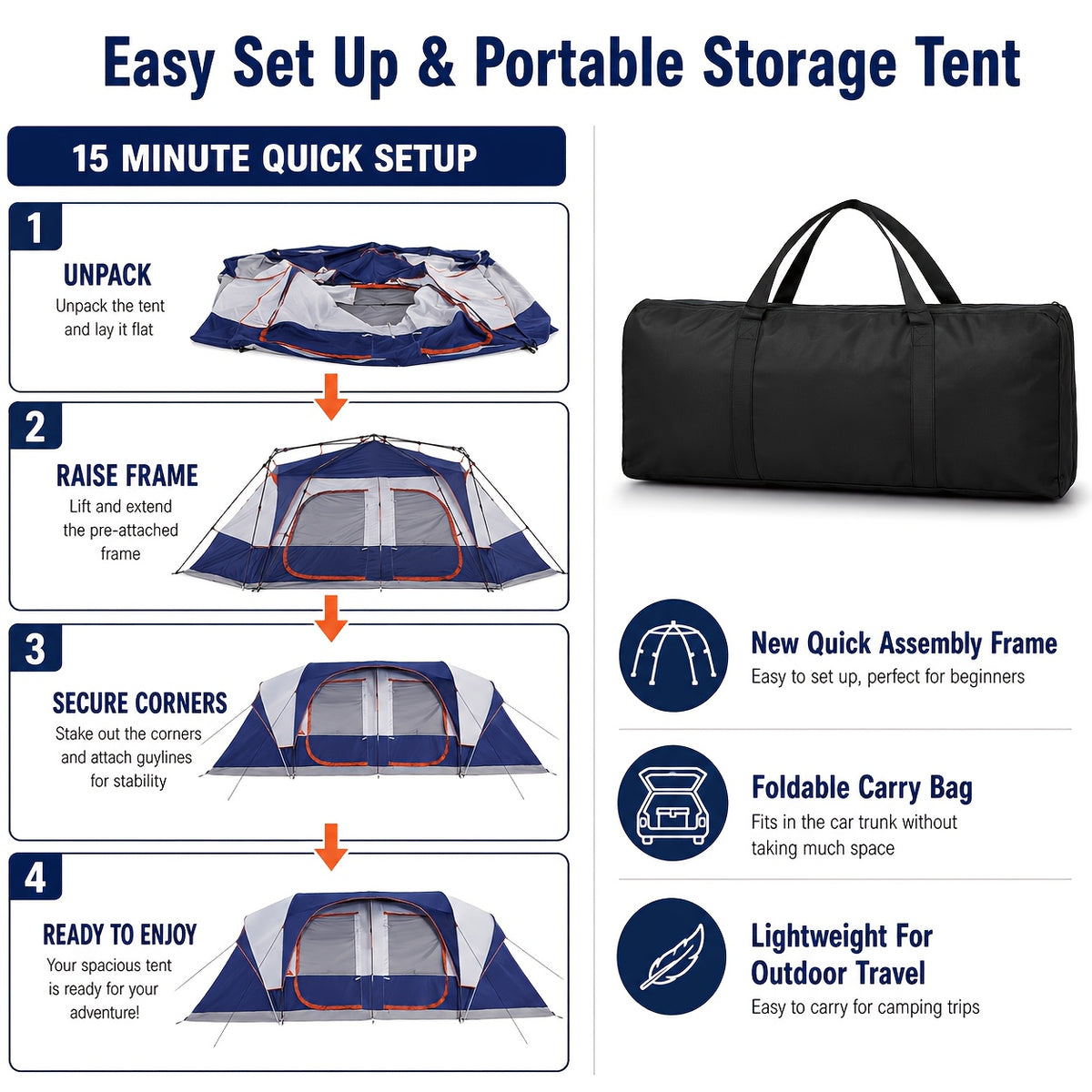 12-Person Camping Tent, Family Cabin Tent with 2/3 Rooms, Weatherproof, Features 6 Large Mesh Windows, Double Layer, Includes Dividing Curtain for Separate Rooms, Portable with Carry Bag