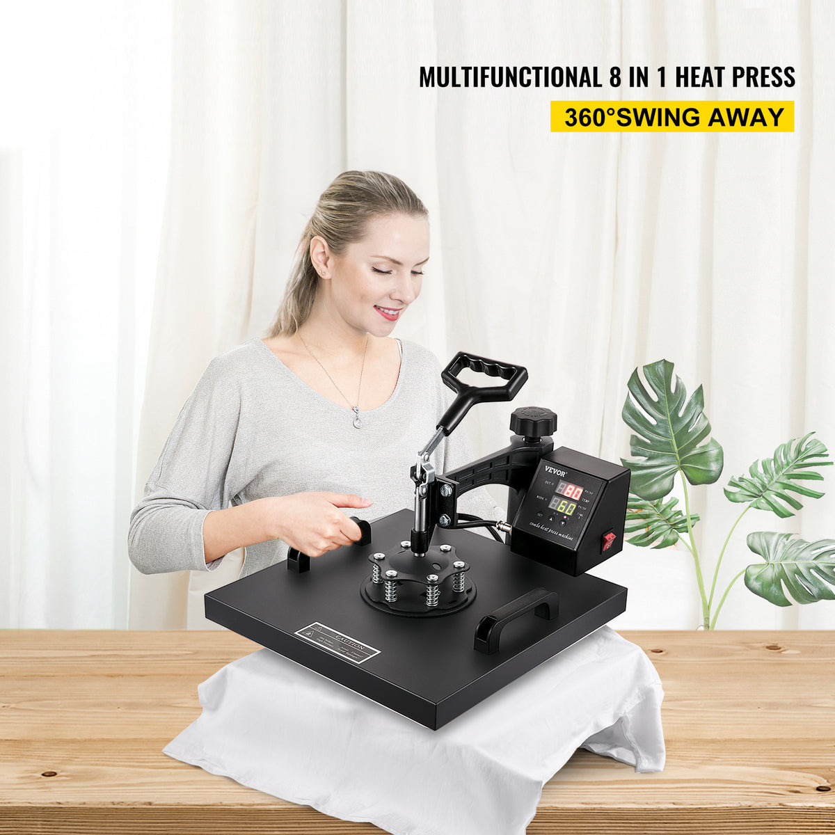 VEVOR Heat Press 15x15 Inch 8 in 1 Heat Press Machine Digital Multifunctional Sublimation Heat Transfer Machine Dual LED Display 360 Degree Rotation Swing Away for Printing T Shirts Hat Mug Cap Plate