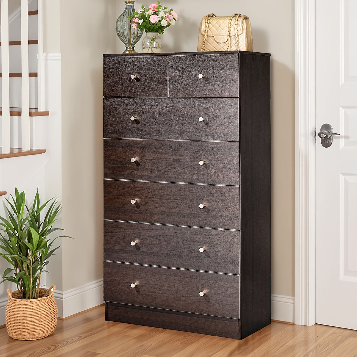 Bonnlo Dresser Featuring Seven Drawers, Wooden Chest of Drawers, Contemporary Storage Organizer Nightstand for The Bedroom