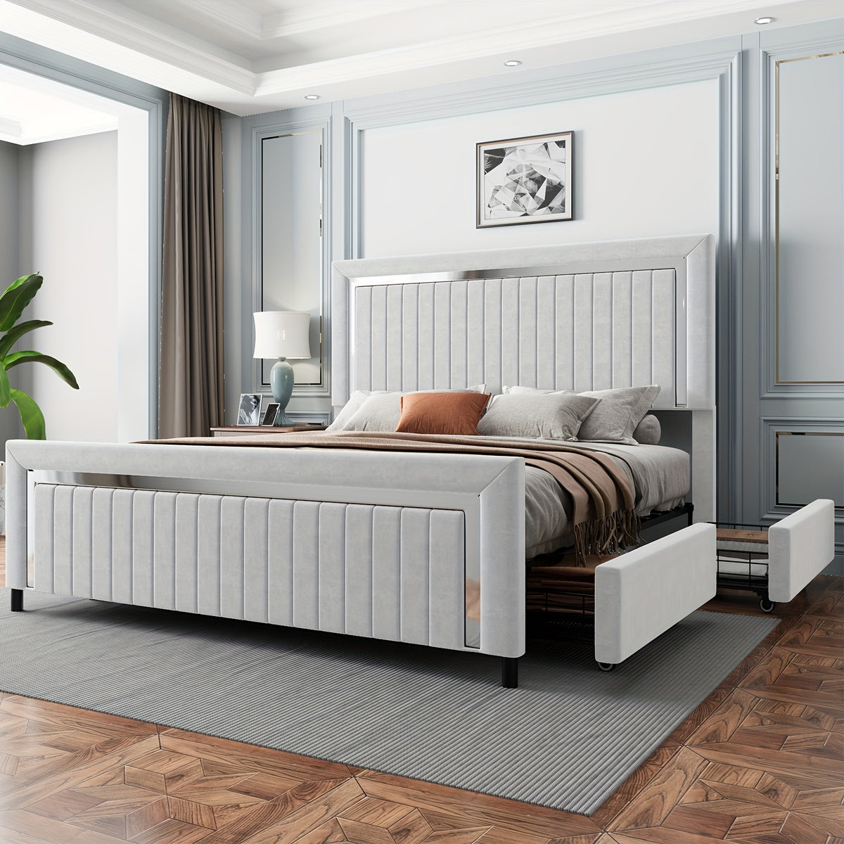 LUXOAK Queen Size LED Platform Bed Frame With Upholstered Design, Featuring 4 Storage Drawers, Vertically Channeled Adjustable Headboard, Box Spring Not Required