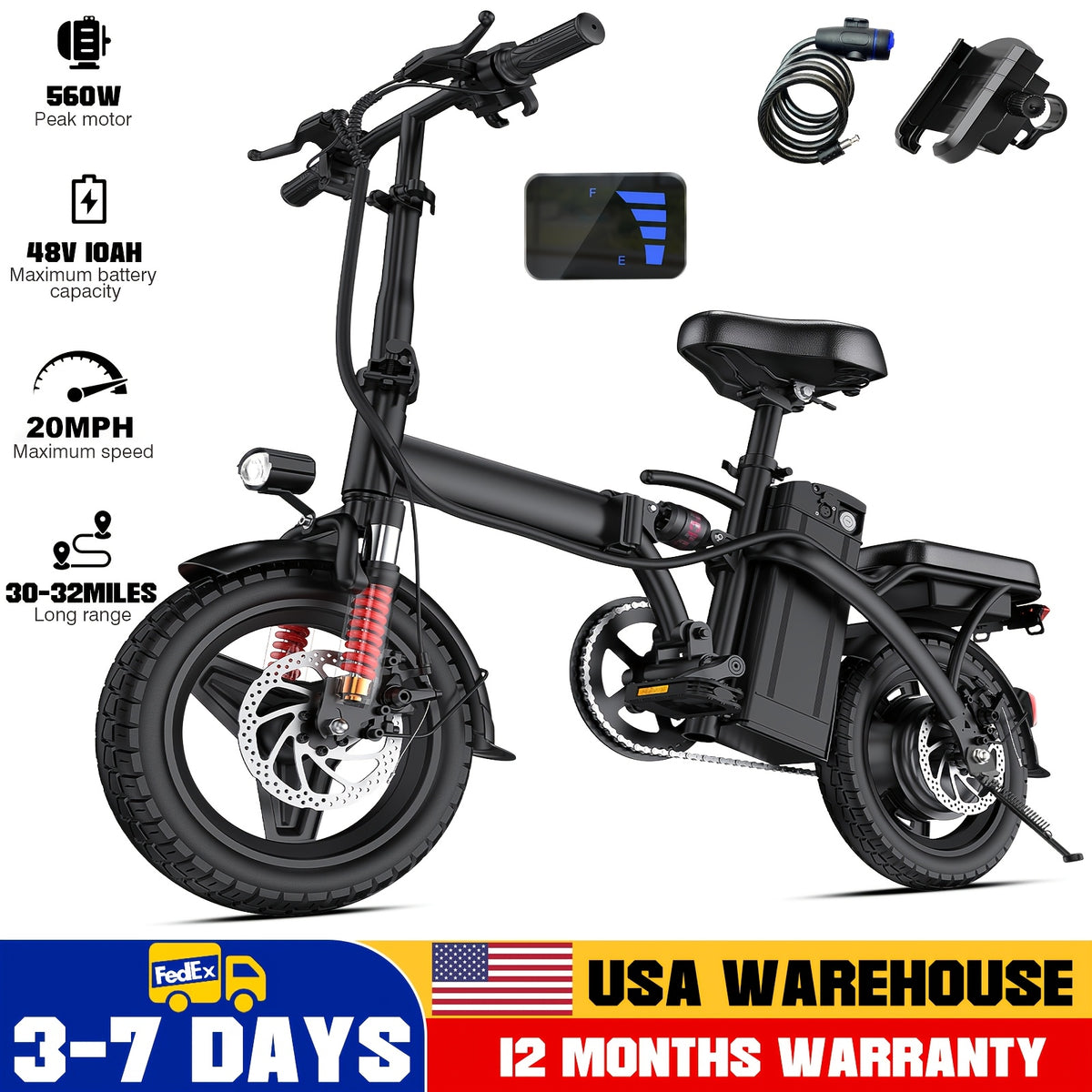 Adult And Adolescent Electric Bicycles, 560 Watt Motor, 10-24MPH, Range of 30-32 Miles, 48 Volt 10 Ampere Hour Battery, 3-Speed Assisted Riding, 14 Inch Foldable Electric Bicycle, Women'S Foldable Electric Bicycle