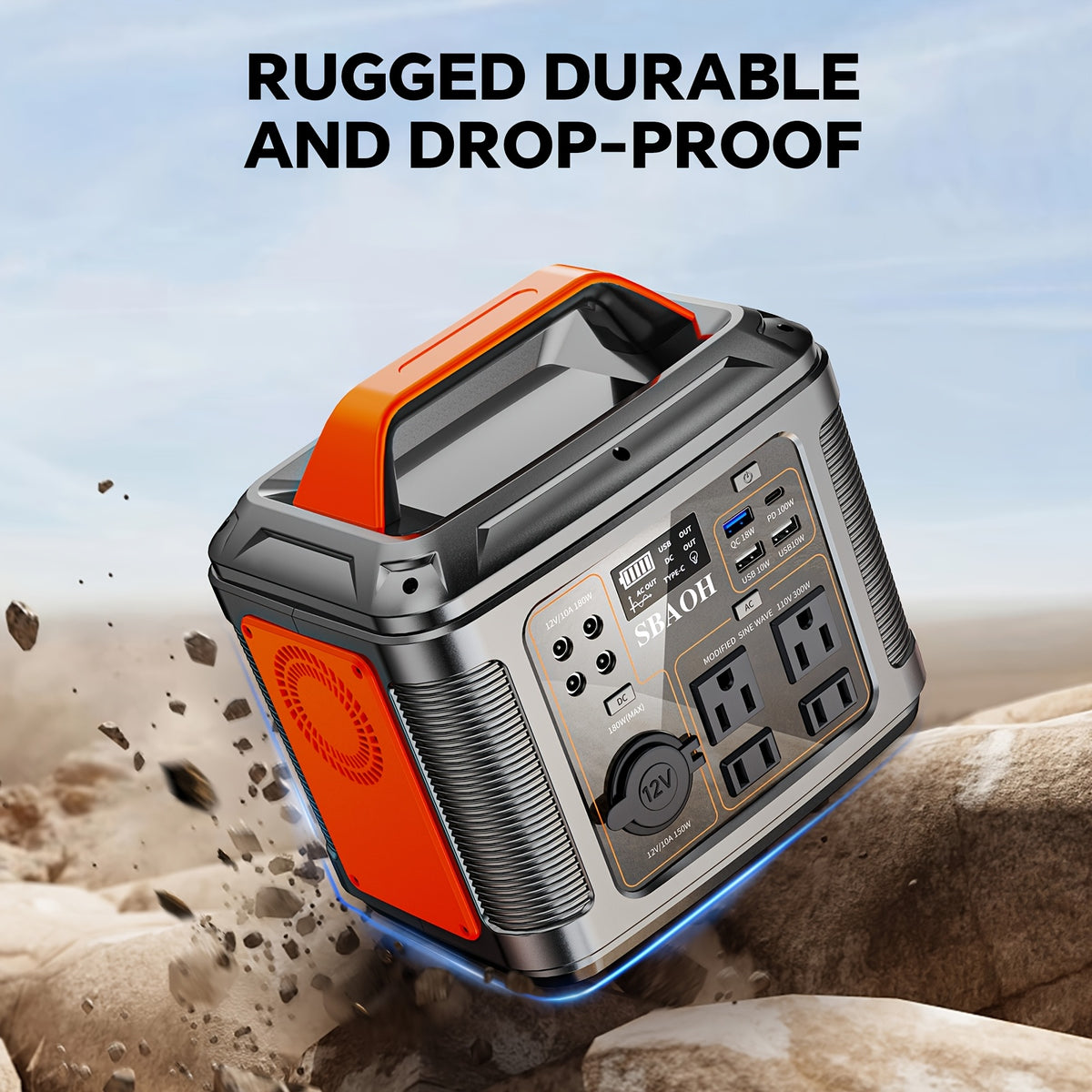 SBAOH 300W Portable Power Station, 296Wh 80000mAh Powerbank with AC & DC Output/Fast Charging/Flashlight/ RV/Emergency Backup/Camping Power Supply, Orange