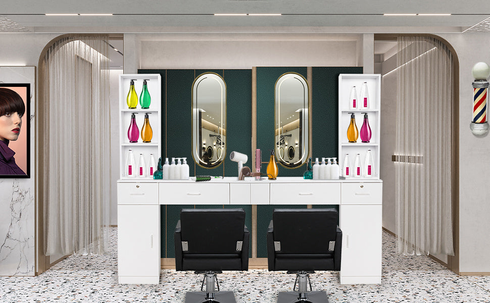 [Barber Stations Set] Omysalon Wall-Mounted Barber Stations, Salon Stations for Hair Stylists, Hair Styling Equipment Set with Storage Unit, 2 Drawers And 3-Tier Shelf (White/Black & Red/Black)