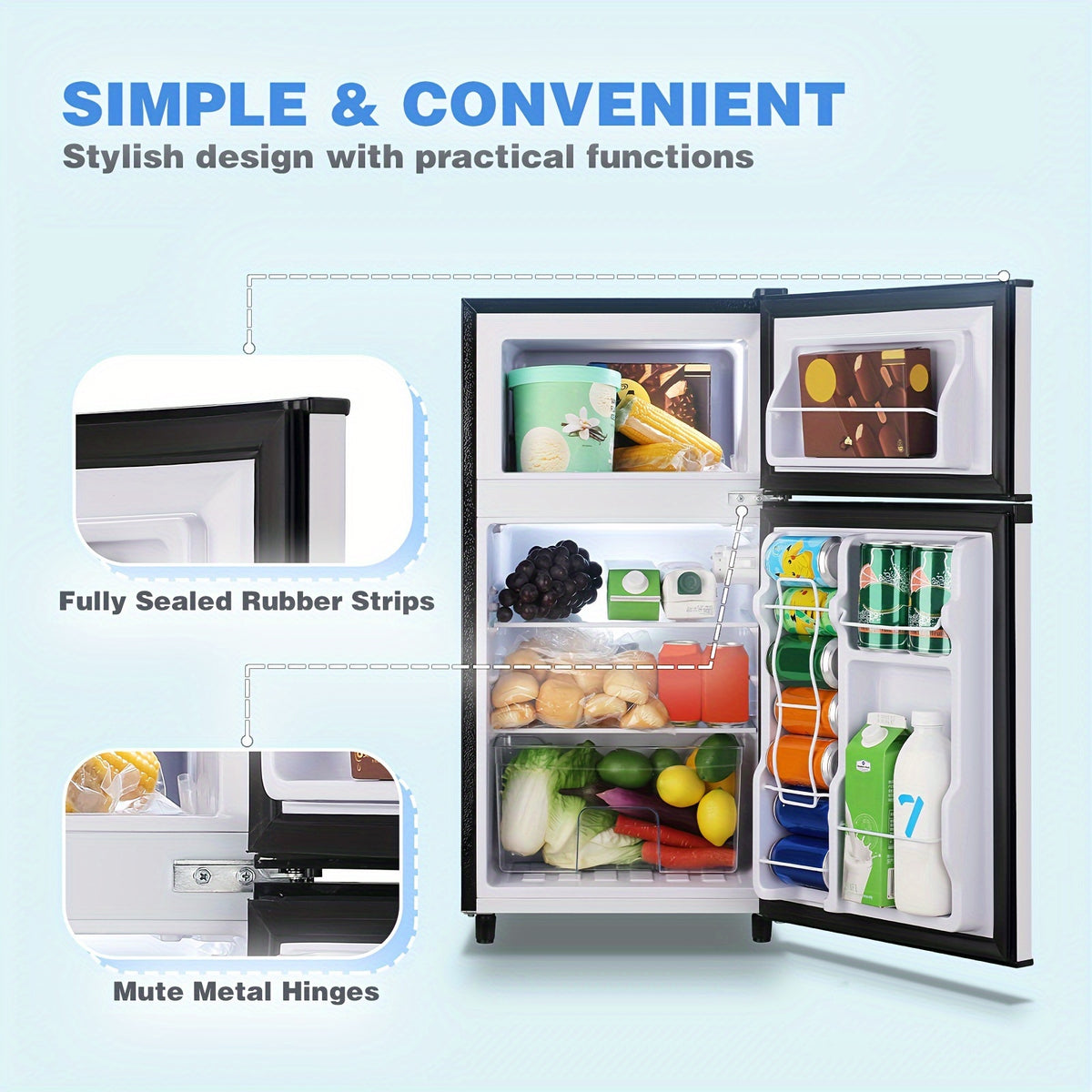 WANAI Mini Fridge with Freezer, 3.5 Cu.Ft Compact Refrigerator Freezer-on-Top Double Door, 7 Adjustable Thermostat, Small Freestanding for Bedroom Office Dorm Apartment