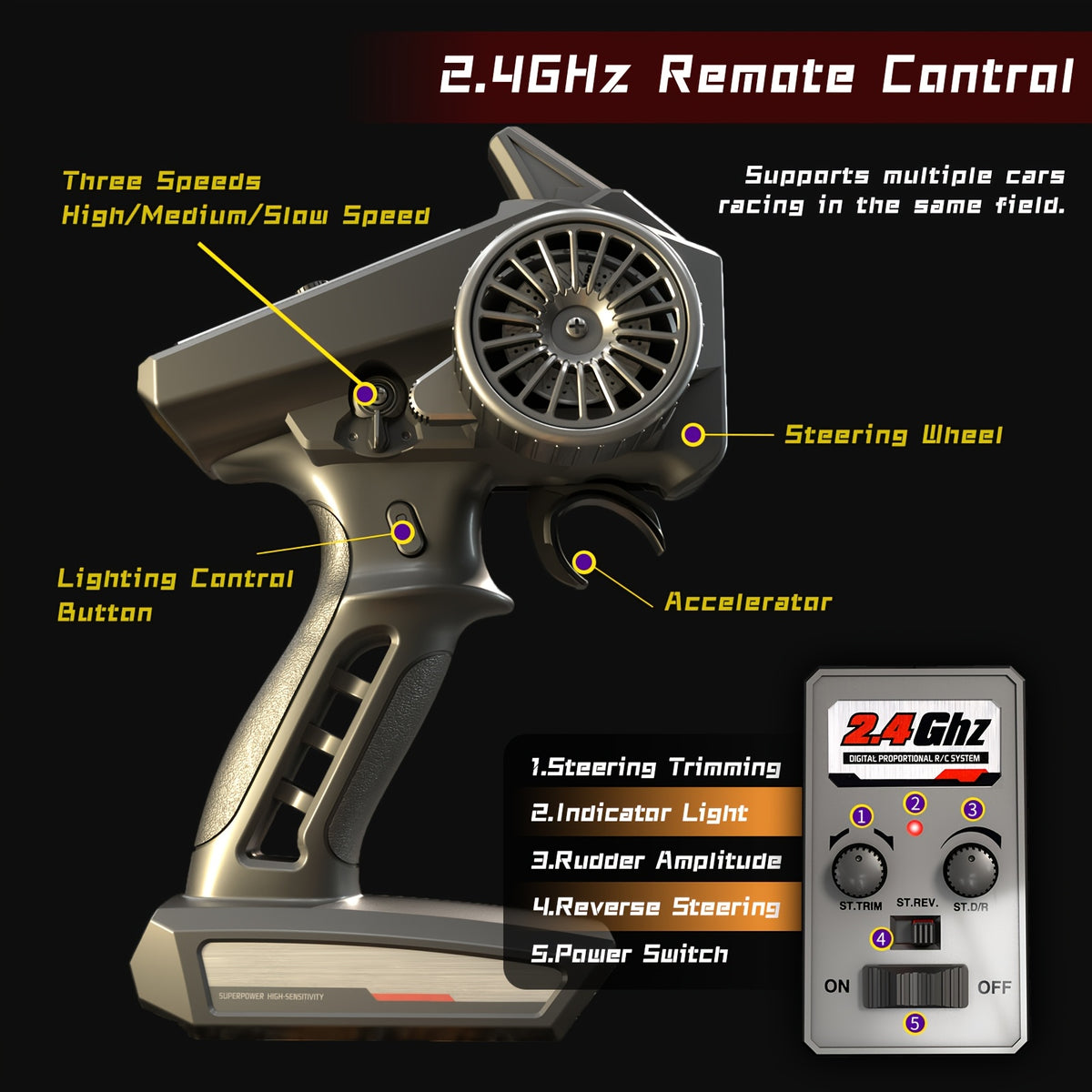 ZHUOYOU 1:16 4WD Off Road High Speed RC Car with Head-up Wheel, 70KM/H Racing Drifting Vehicle, RC390 Motor, 2.4Ghz Remote Control, Supports Cars Racing Together, LED Lights, All Terrain Application