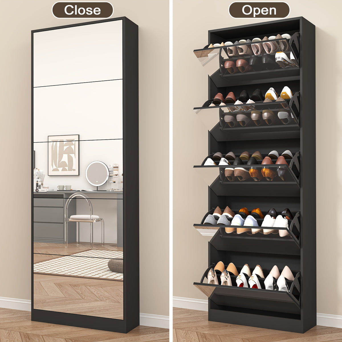 Shoe Storage Cabinet with Five Flip Mirrored Drawers and Double Rack for Entryway Organization