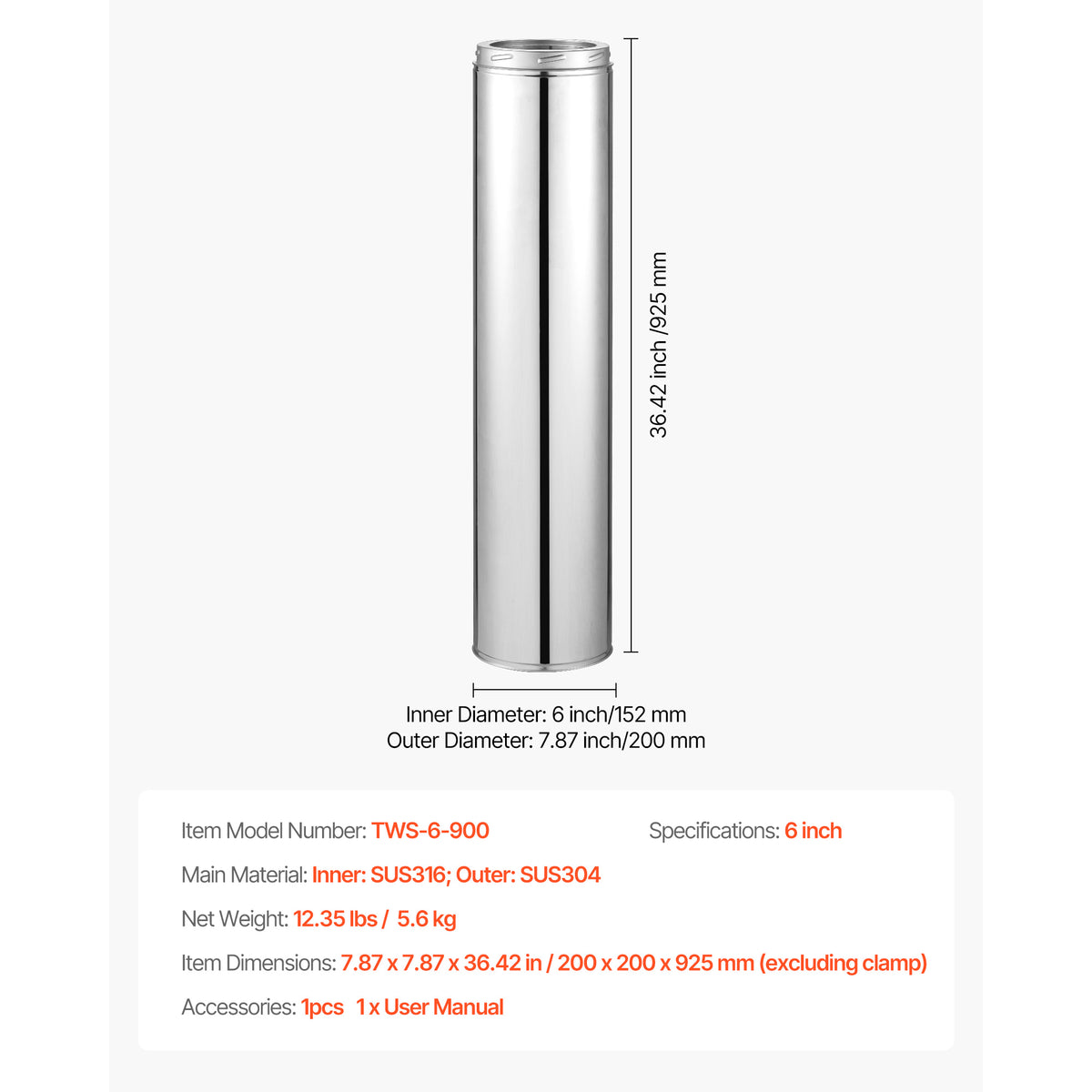 VEVOR 6 x 36/48 Inch Double Wall Insulated Chimney Pipe Stainless Steel Stove Pipe