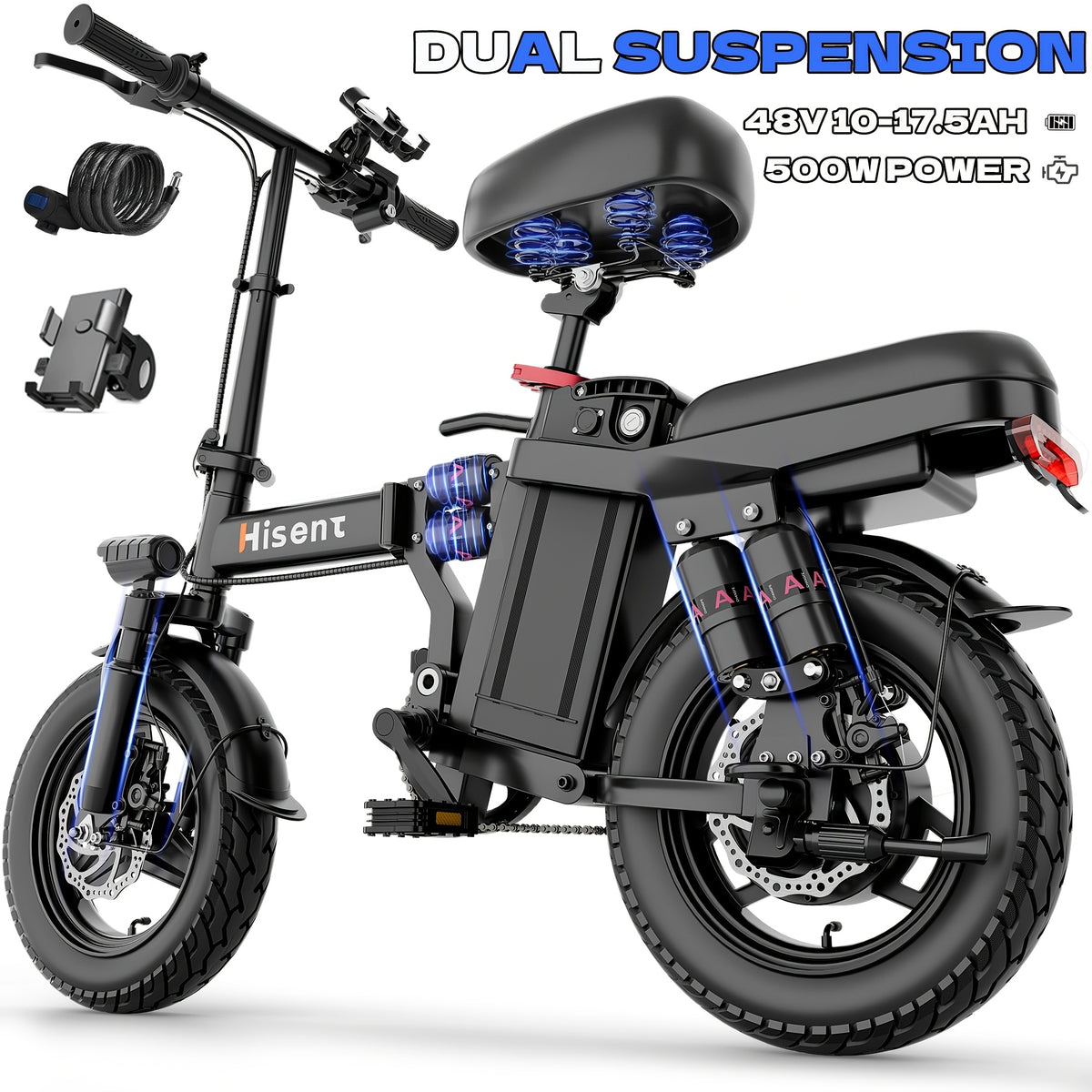 Hisent G11&F9 Folding Electric Bike | Dual Suspension System | Upgraded Frame | 12-35 Miles Range (Optional) | Features Dual Seat, LED Headlight, Disc Brakes, 14-Inch Tires, 500W High-Power Motor, Top Speed Of 19.9 Mph