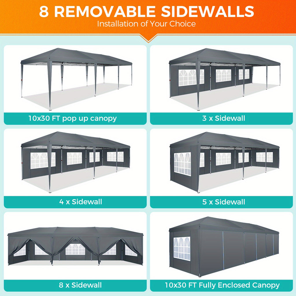 10x30ft/10x20ft Pop-up Canopy Tent, Canopy with 8 Removable Sidewalls, with Sandbags And Carry Bag, Three Adjustable Heights, Perfect for Patios, Lawns And Gardens, Event Parties, Market Stalls