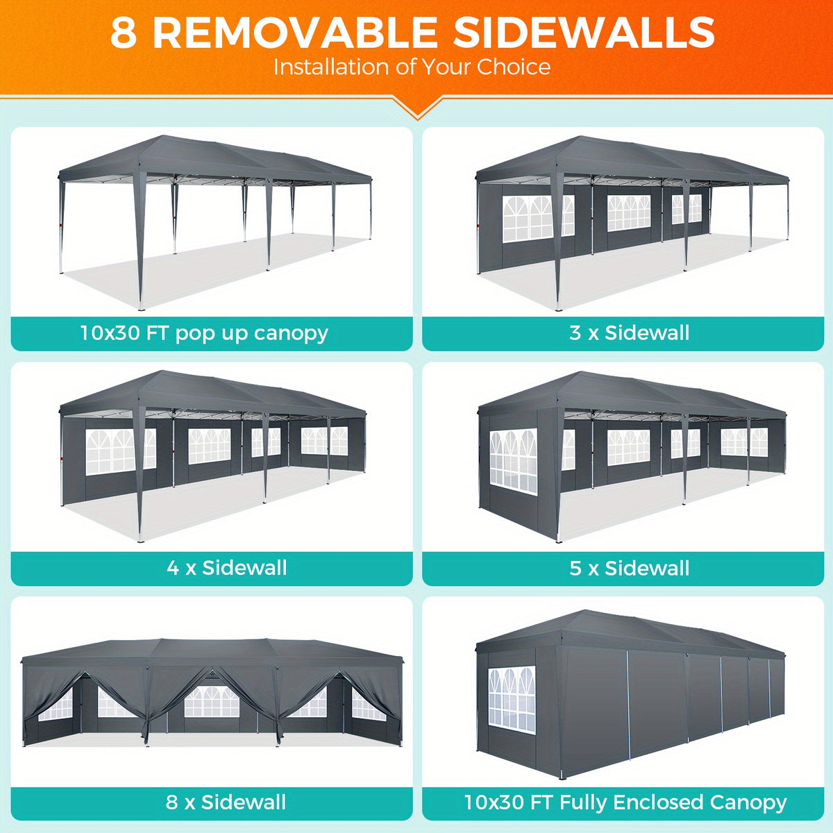 10x30ft/10x20ft Pop-up Canopy Tent, Canopy with 8 Removable Sidewalls, with Sandbags And Carry Bag, Three Adjustable Heights, Perfect for Patios, Lawns And Gardens, Event Parties, Market Stalls