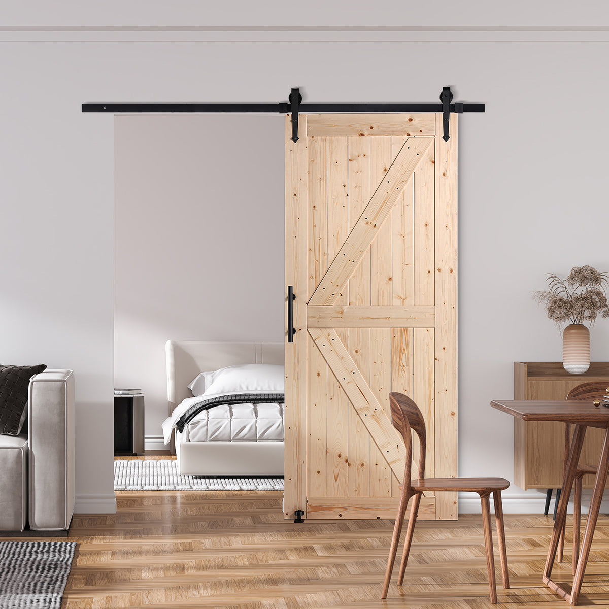 VEVOR Barn Door and Hardware Kit, 30/36" x 84" Wood Sliding Barn Door, Smoothly and Quietly, Barn Door Kit with 8-in-1 Floor Guide and Door Handle, Spruce Wood Panelled Slab, Easy to Install