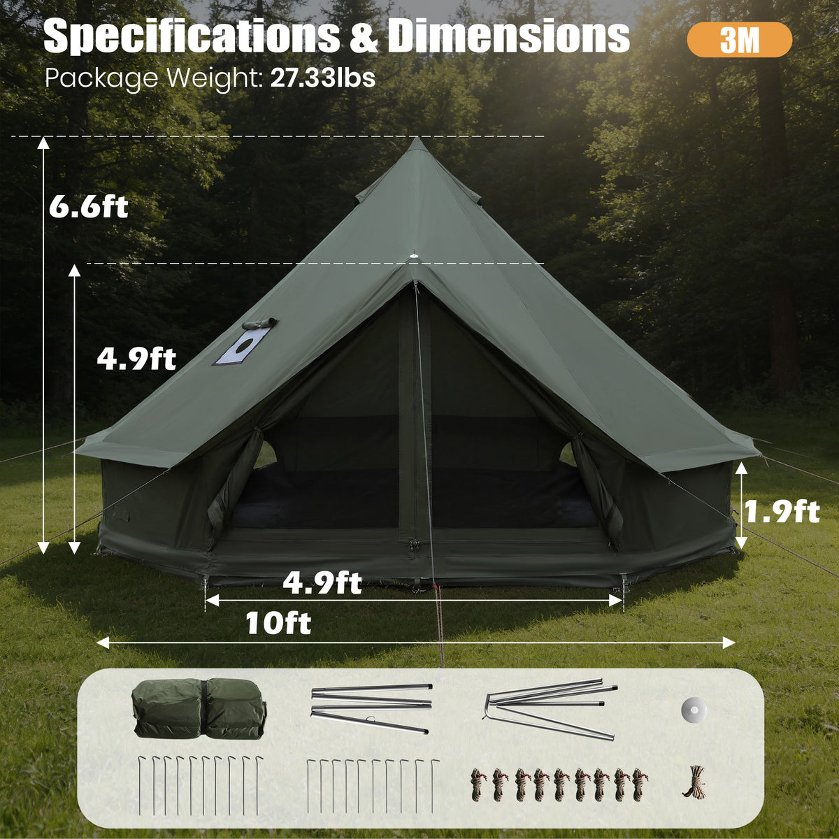 Luxury Oxford Fabric Bell Tent, Yurt Canvas Tent with Stove Jack, 4/6/8 Person Family 4 Season Camping (Green)