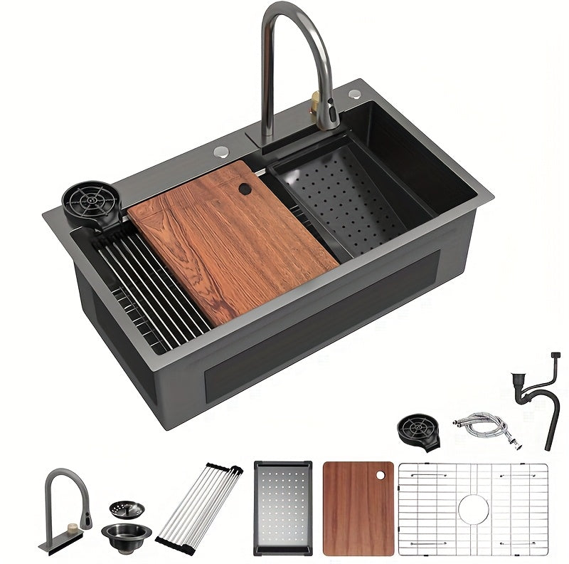 [Stainless Steel Kitchen Sink] 33 * 22 Inch Stainless Steel Kitchen Sink, Single Bowl Sink Drop In/Topmount Workstation Waterfall Sinks With Cutting Board, Cup Washer And Sink Accessories