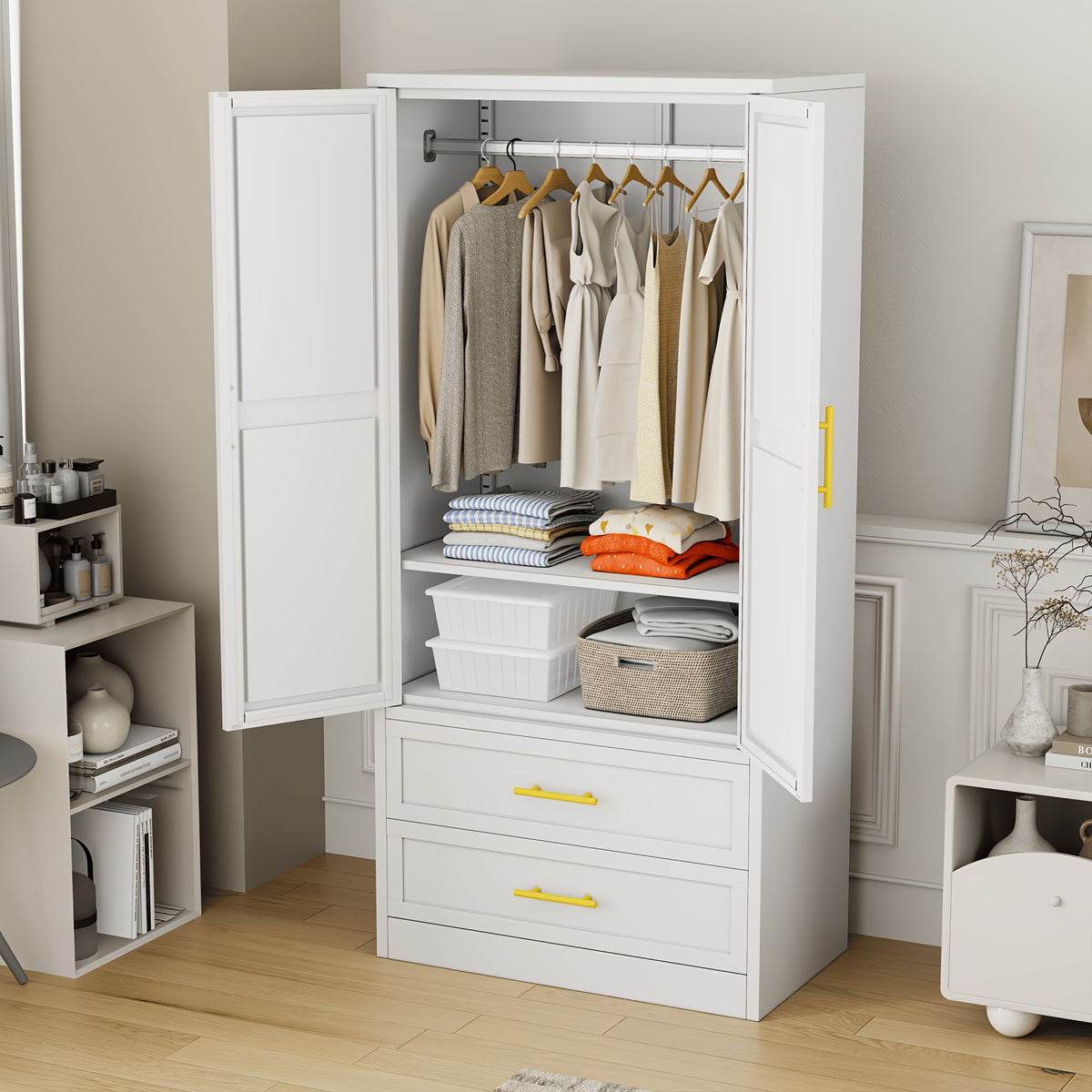 Mxa 71.39 "H metal storage cabinet with armrests, 2 drawers, adjustable shelves, clothesline, and home wardrobe