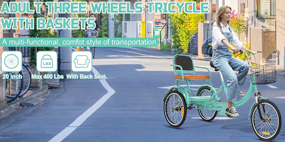 Adult Tricycle 20-Inch Cruiser Bike, Low-Step Design with Adjustable Seat and Front/Rear Baskets