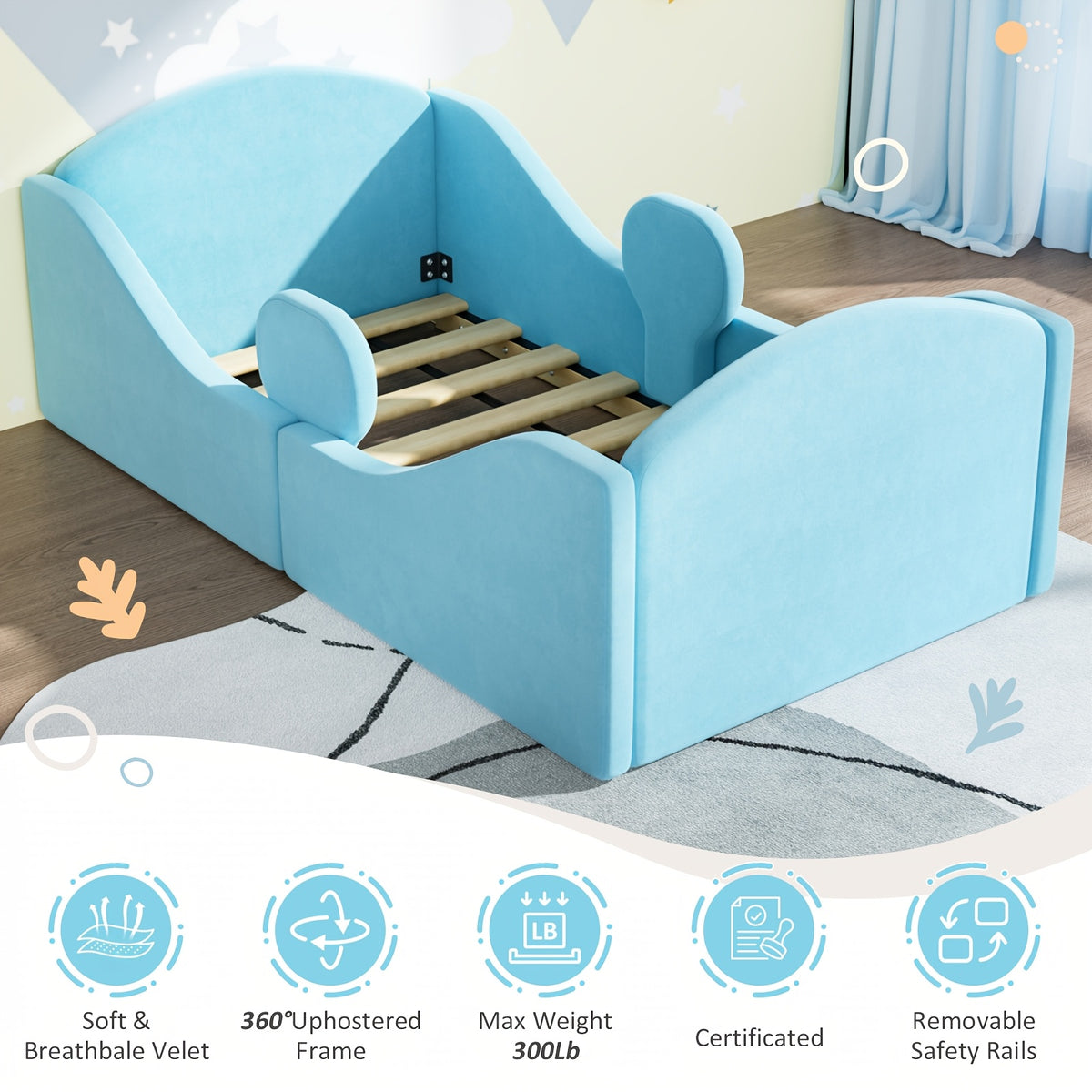 Bed Designed for Toddlers, Featuring Removable Safety Rails And a Soft Upholstered End in Pink, Blue, Or Gray. Note: Mattress Is Not Included