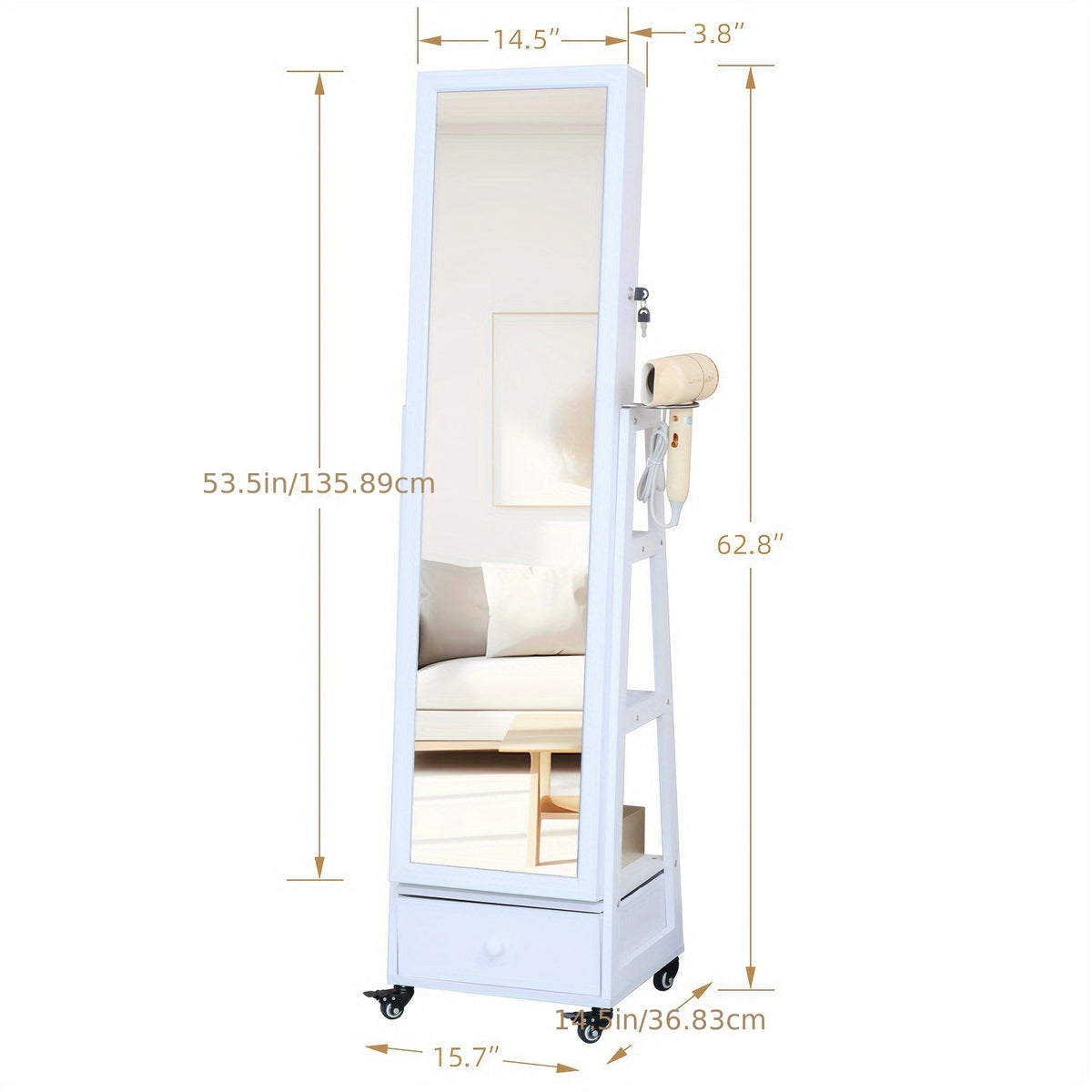 Mirror with Storage Jewelry Cabinet Standing Lockable Jewelry Organizer with Full-Length Mirror Storage Shelves Interior LED Mirror Jewelry Armoire with Wheels Hair Dryer Holder Christmas Gift, Jewelry Armoires