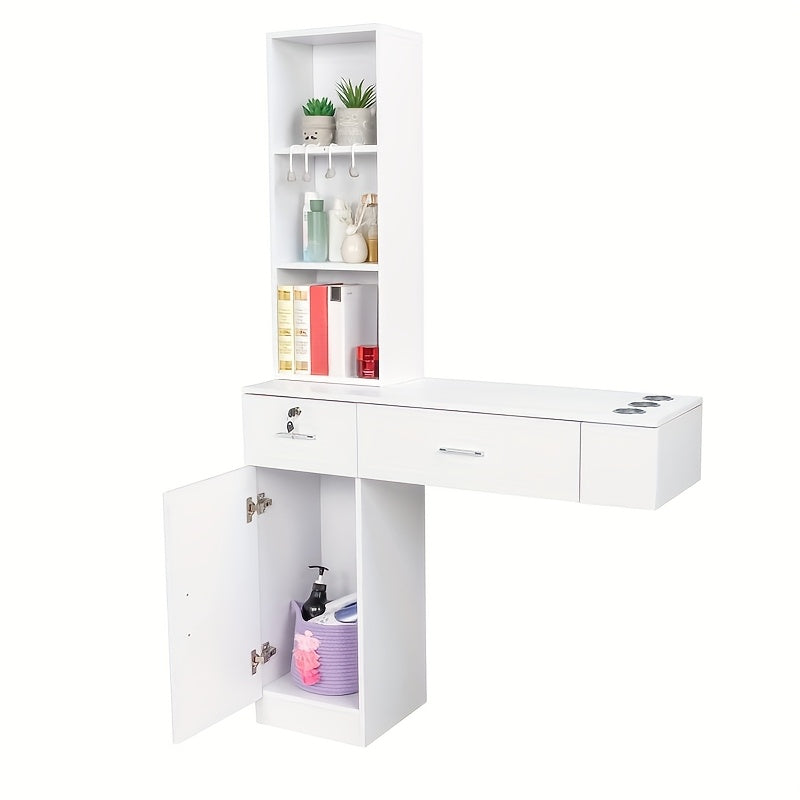 [Barber Stations Set] Omysalon Wall-Mounted Barber Stations, Salon Stations for Hair Stylists, Hair Styling Equipment Set with Storage Unit, 2 Drawers And 3-Tier Shelf (White/Black & Red/Black)