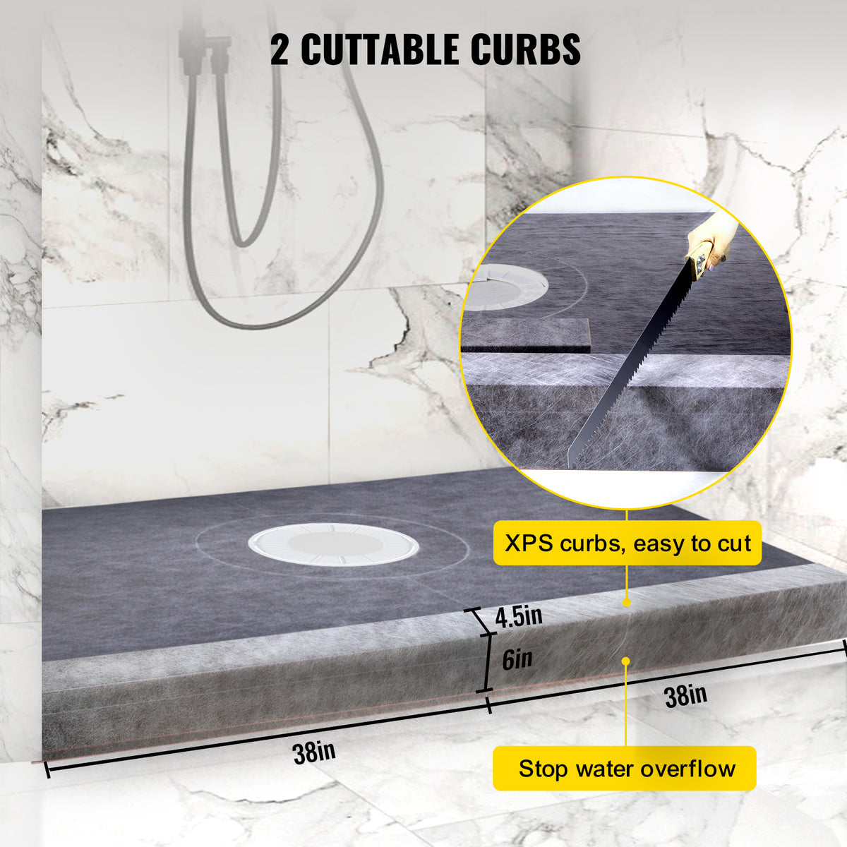 VEVOR Shower Curb Kit with 38 x 60-Inch Sloped Tray for Bathroom Floor and Wall Installation