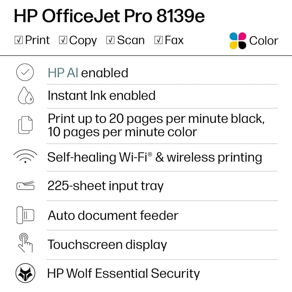 HP OfficeJet Pro 8139e Wireless All-in-One Color Inkjet Printer, Print, scan, copy, fax, ADF, Duplex printing Best-for-home office - Professionally Refurbished