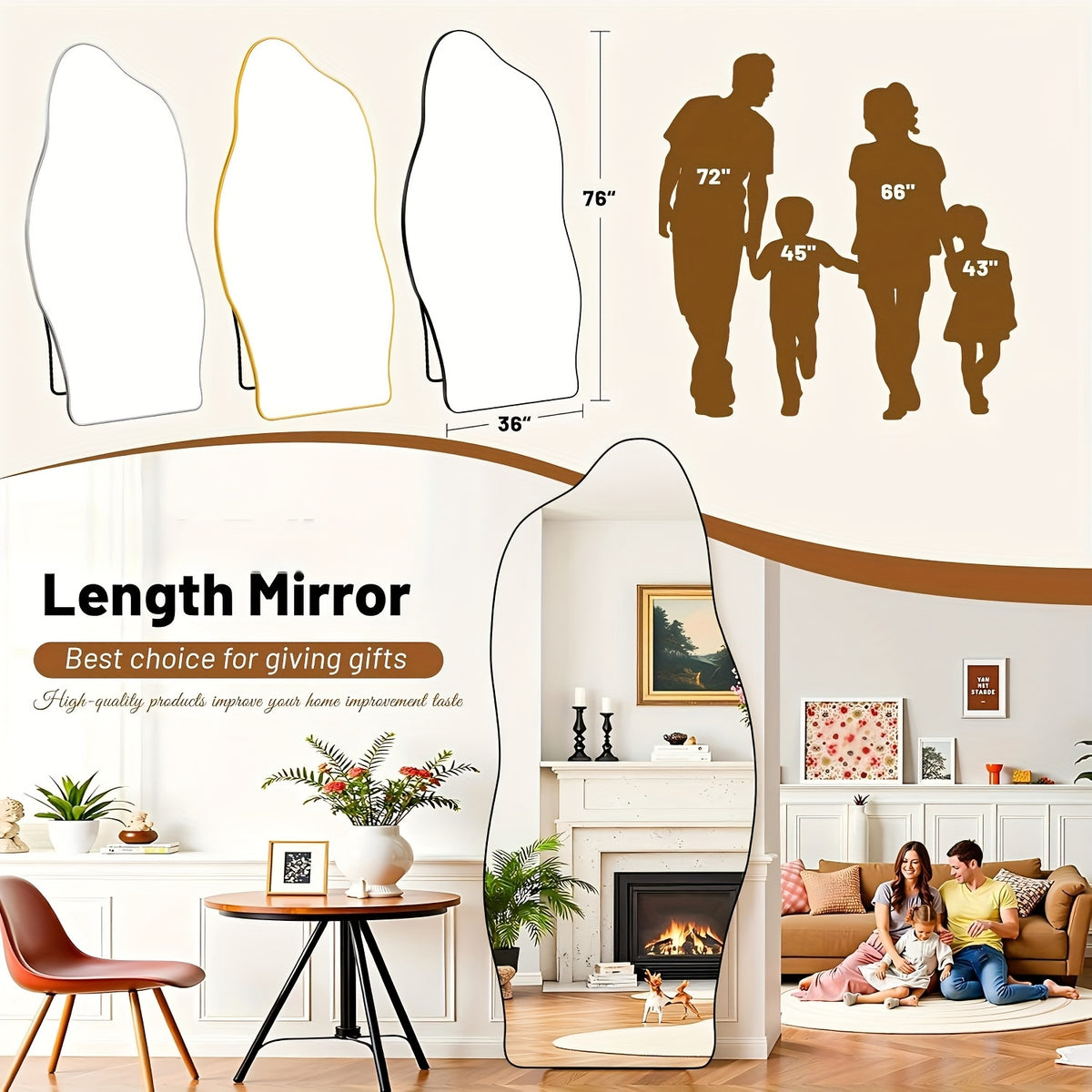 Furnbar Full Length Mirror, 81"X41" Floor Mirror with Stand, Standing Hanging Leaning Irregular Mirrors for Bedroom Living Room Entryway, Wavy Shaped