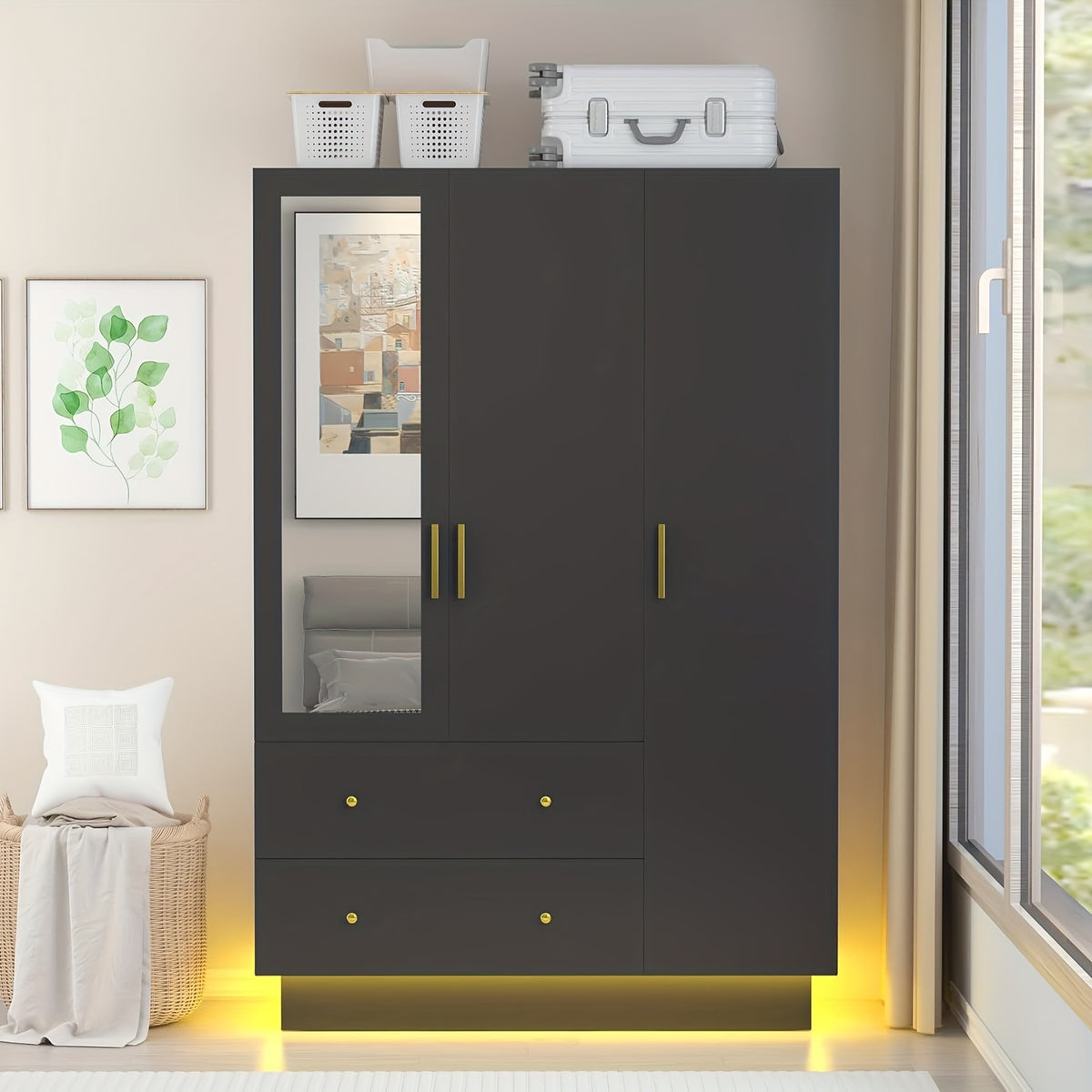 Modern Wardrobe Closet with Mirror And LED Lights, Bedroom Armoire with Drawers And Shelves, Wooden Closet Cabinet with Hanging Rod