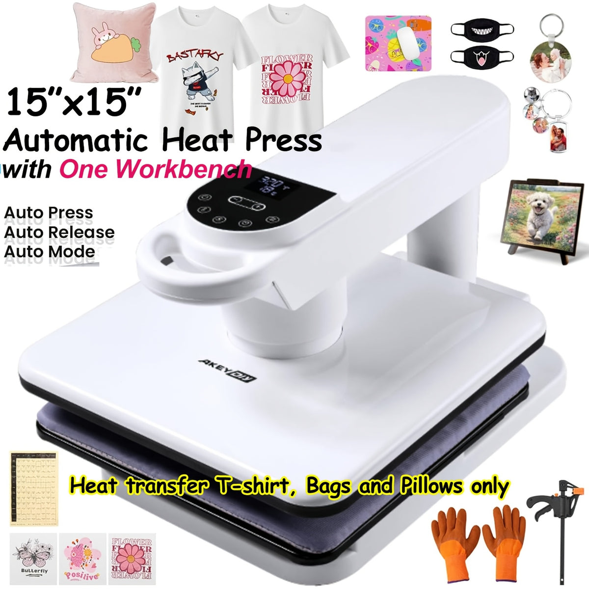 11pcs 8-in-1 - 15"x15"/12"x15" Heat Press Set for T-Shirts, Bags, Pillows, Hats, Beanies, Roller - 12"x10" T-Shirt Machine(Weight 25.35 Lbs) & 15"x15" Auto Single-Workbench & 15"x15" Auto Dual-Workbench Heat Press Only for Cloth, Shirts, Canvas Bags