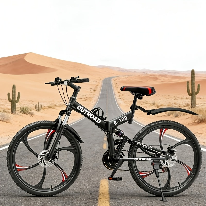 26 Inch Adult Folding Bikes/Mountain Bikes, 21 Speeds Mountain Bicycles with Full Suspension, Dual Disc Brake, High Carbon Steel Frame, Foldable Bike for Men/Women