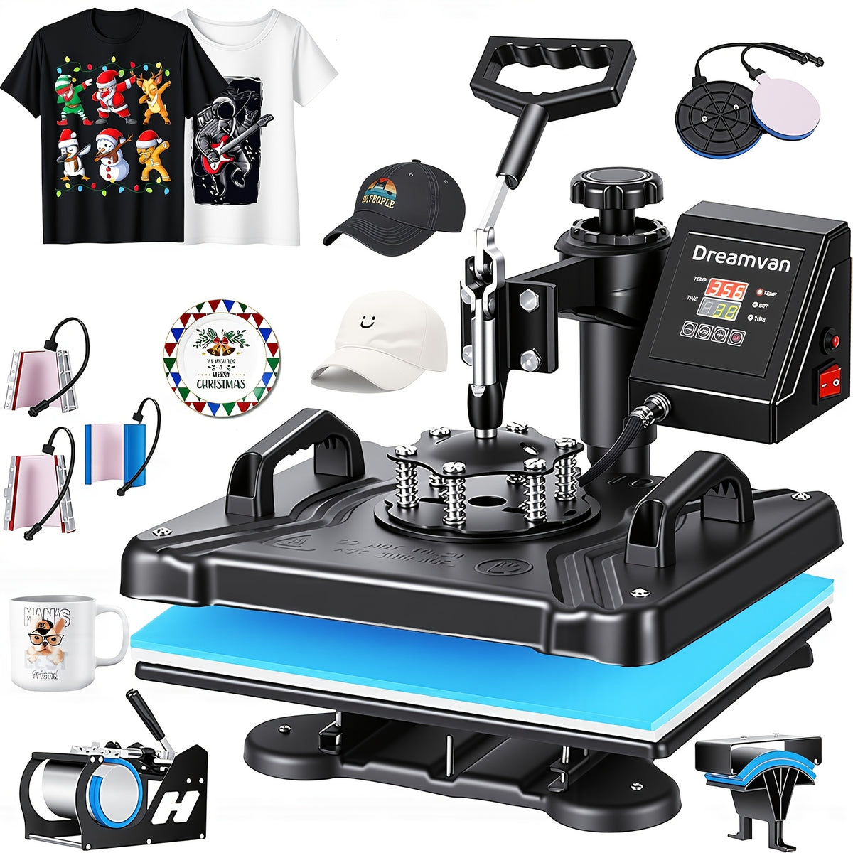8in 1/ 5in 1 Heat Press Machine 15x12 Inch Combo Digital Multifunctional Sublimation Heat Transfer Machine, 360°Rotation Swing Printing Sublimation Heat Press for T Shirts Hat Mug Cap Plate