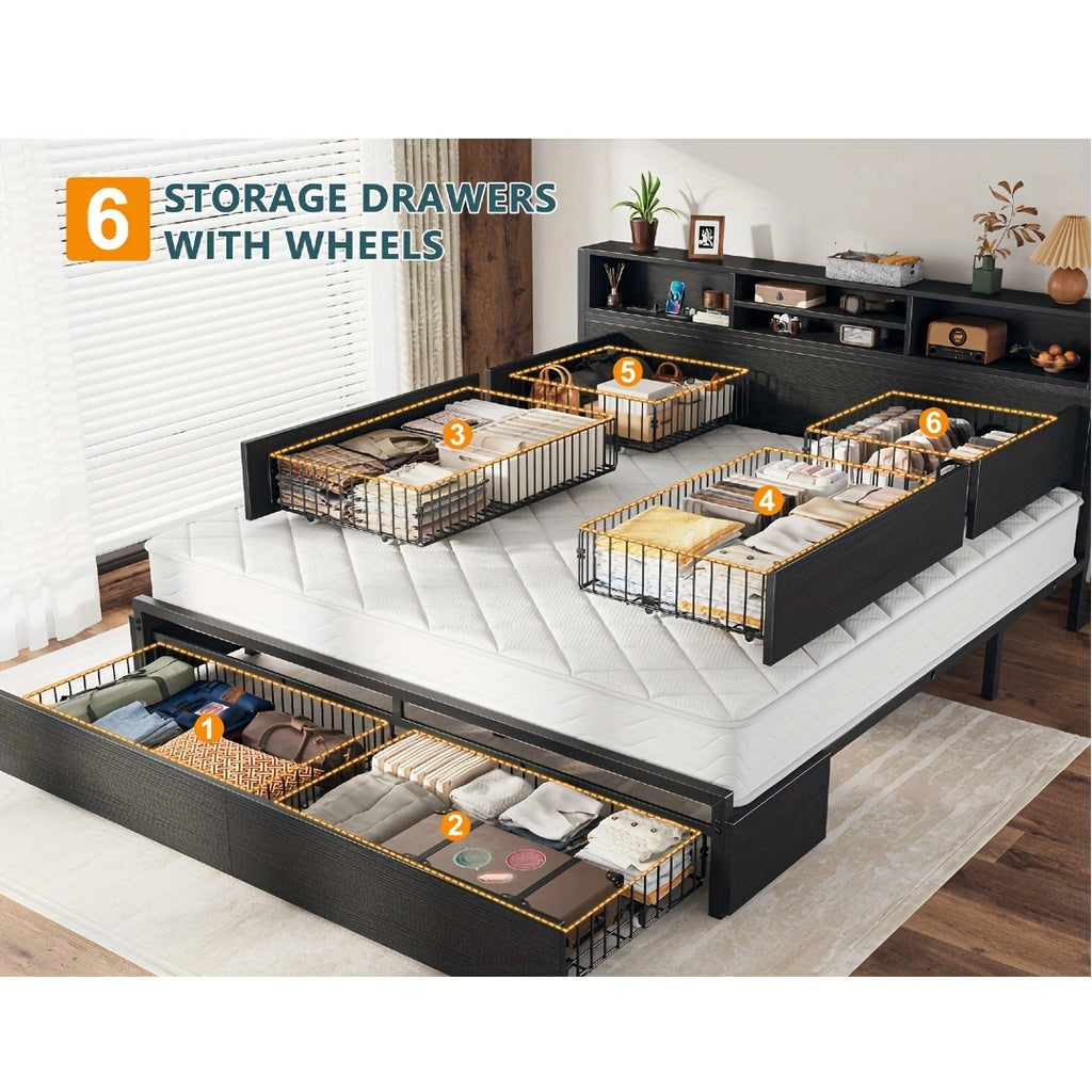 Queen/King Size Bed Frame with 6 Storage Large Drawers Forbedroom, Modern Bed Frame And Open Storage Headboard with Fast Charging Station, No Noise, No Box Springs Needed, Black, Easy Assembly, 2pcs Nightstand with 4 Fabric Drawer Sold Separately