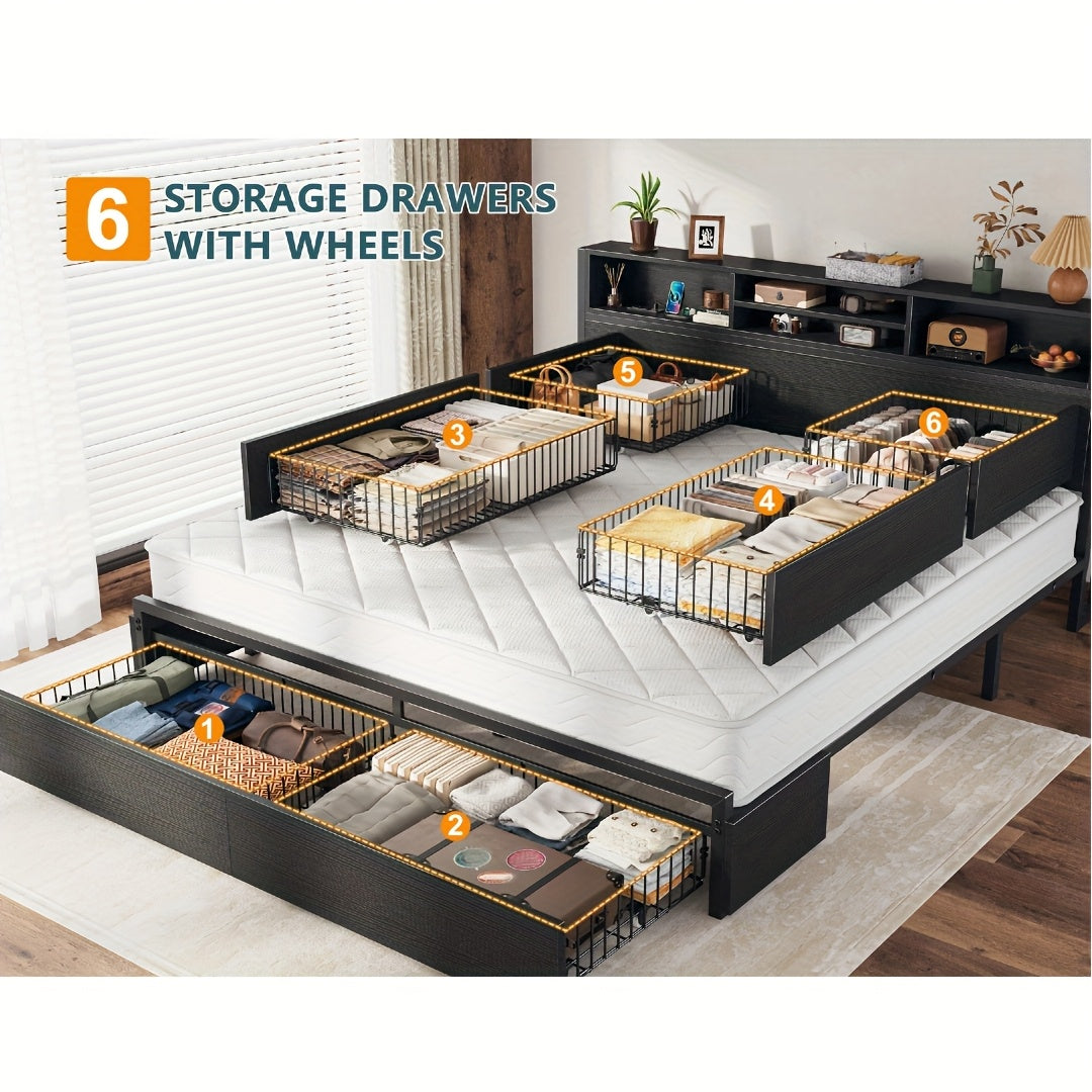 Queen/King Size Bed Frame with 6 Storage Large Drawers Forbedroom, Modern Bed Frame And Open Storage Headboard with Fast Charging Station, No Noise, No Box Springs Needed, Black, Easy Assembly, 2pcs Nightstand with 4 Fabric Drawer Sold Separately