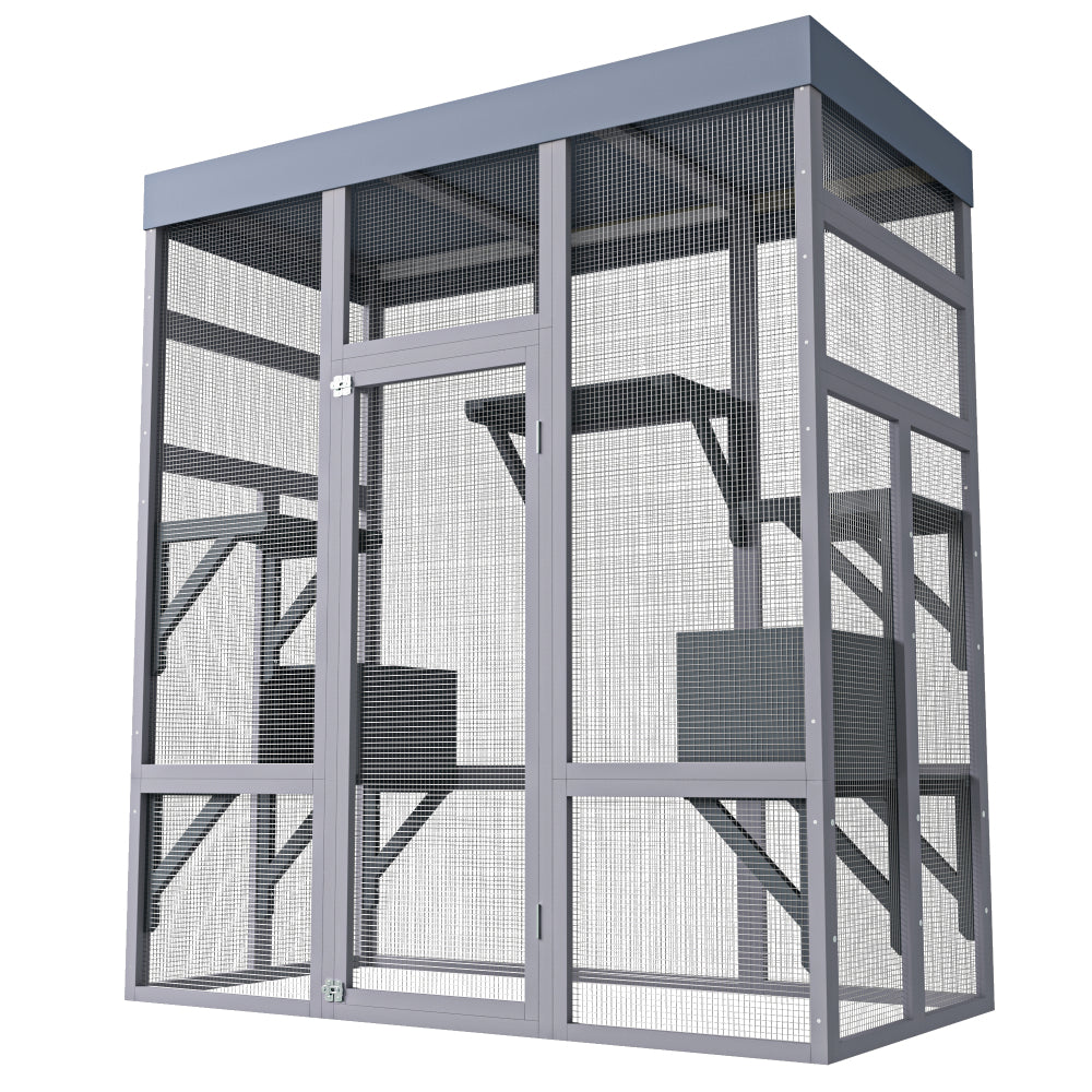 [Outdoor Catio Enclosure] 62.6 Inch Large Wooden Outdoor Catio Enclosure for Cats | Secure Pet Cage with Roof & Rust-Proof Wire Mesh | Includes 2 Napping Houses & Multi-Level Platforms for Backyard & Patio