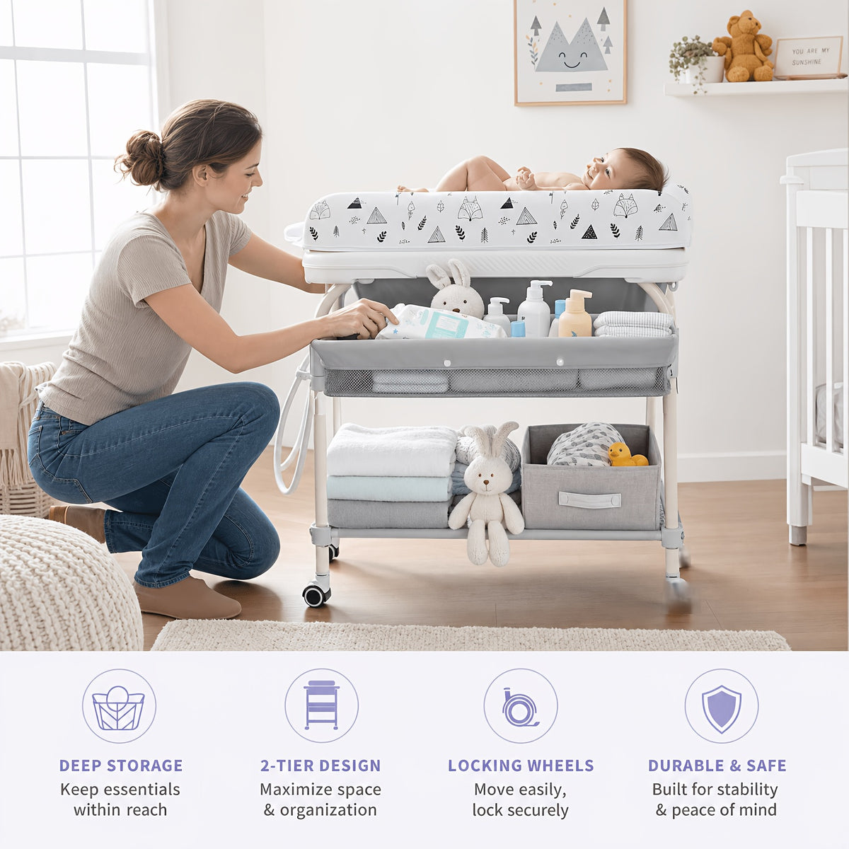 Adjustable 2-In-1 Bathtub with Changing Table, Waterproof Diaper Changing Station Portable Changing Table Adjustable Height Organizer with Storage Racks for Home Furniture